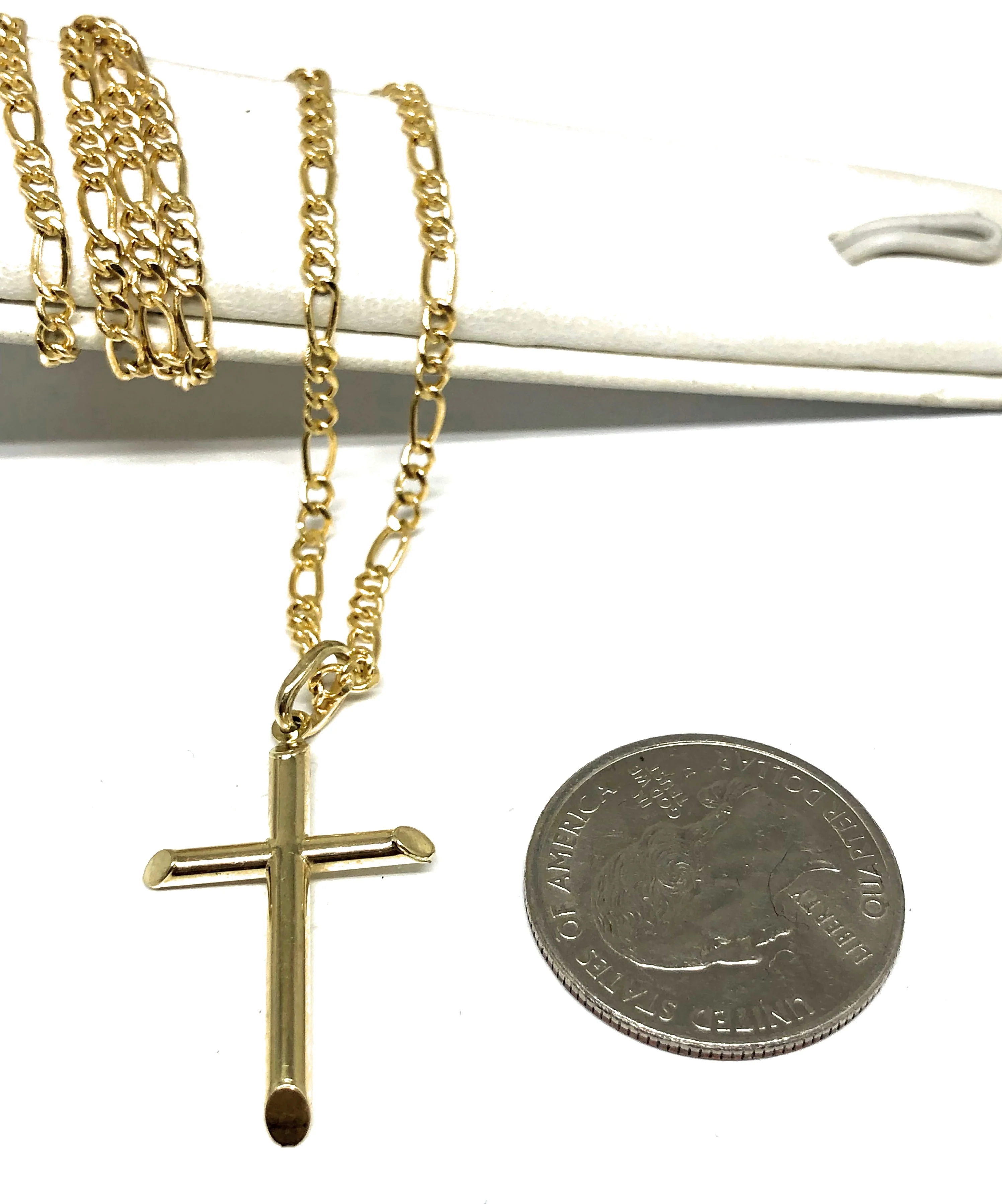 10k Solid Gold Yellow Classic Tube Cross Pendant Necklace (SM) - Image 2
