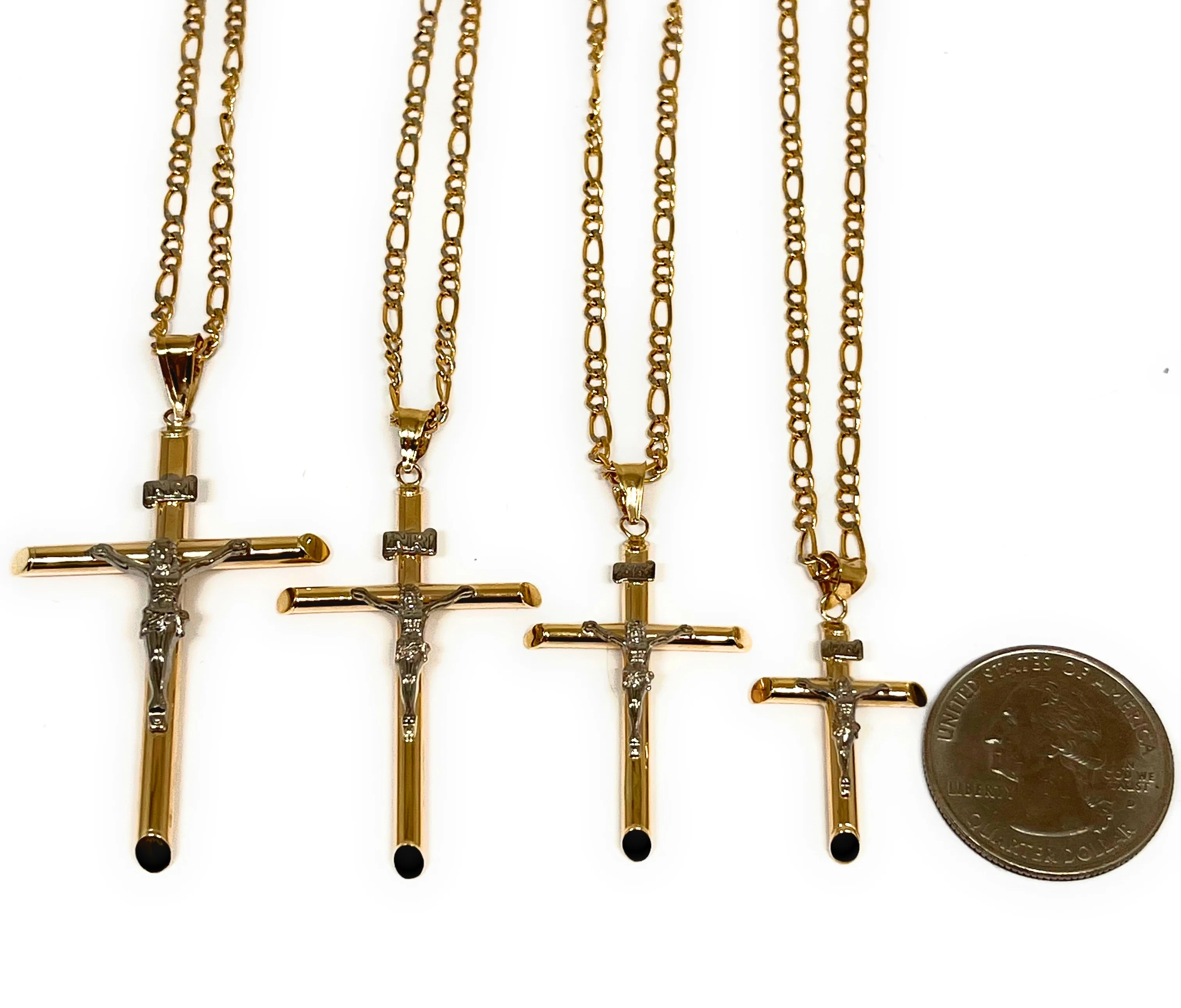 10k Solid Gold 2-Tone Classic Jesus Cross Crucifix Pendant Necklace (XS, SM, MED, LG) (MADE IN MX) - Image 2