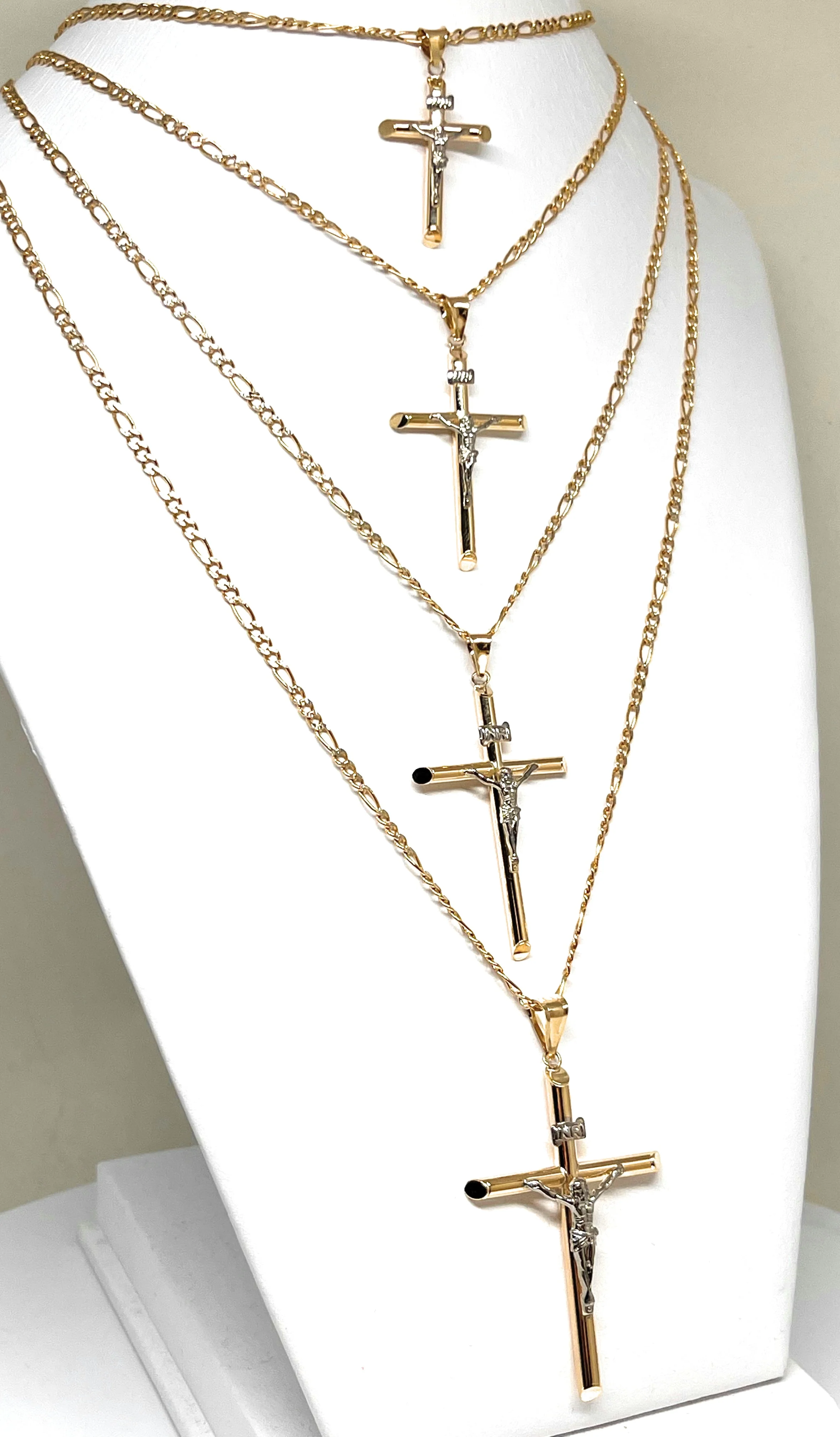 10k Solid Gold 2-Tone Classic Jesus Cross Crucifix Pendant Necklace (XS, SM, MED, LG) (MADE IN MX) - Image 3