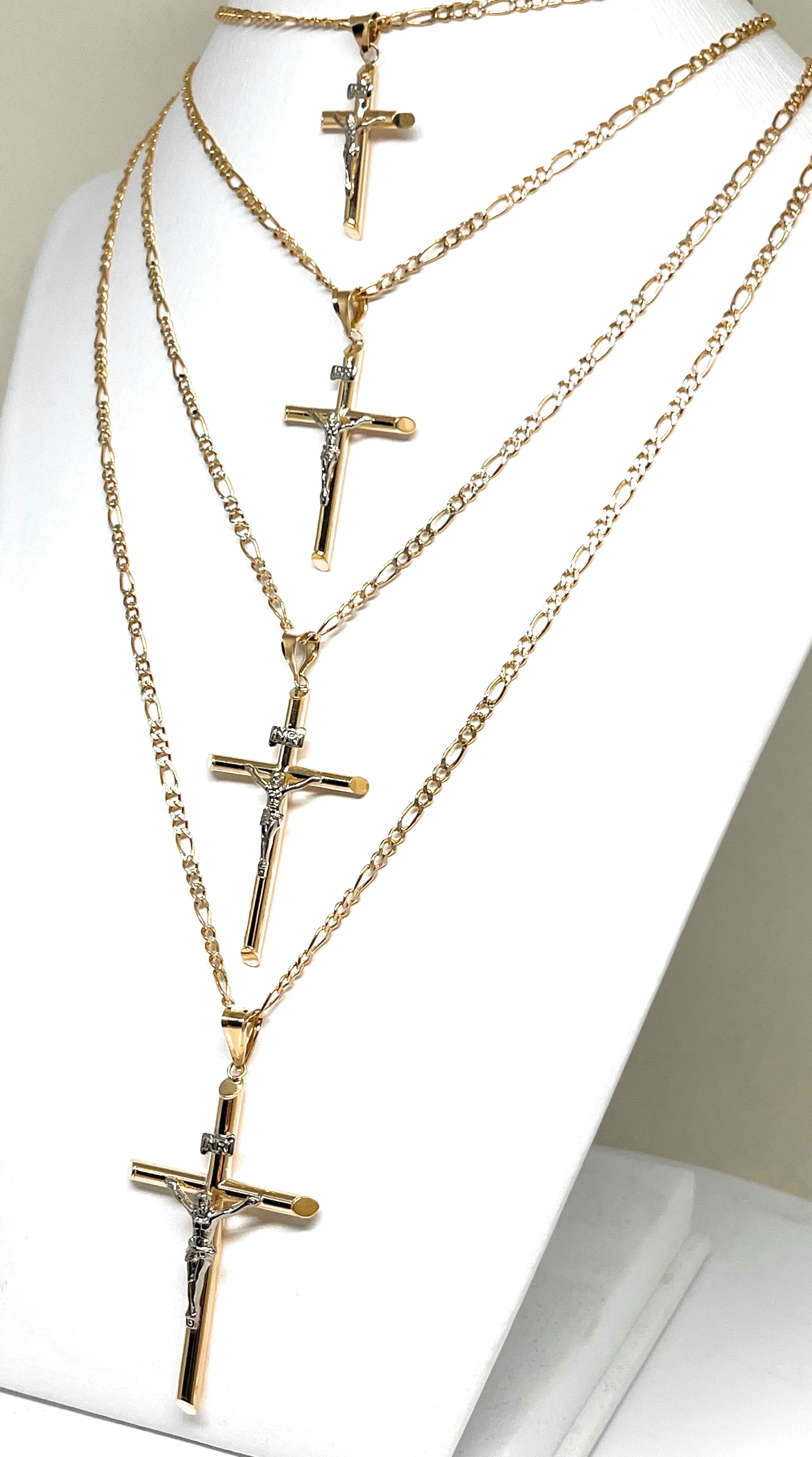 10k Solid Gold 2-Tone Classic Jesus Cross Crucifix Pendant Necklace (XS, SM, MED, LG) (MADE IN MX) - Image 4