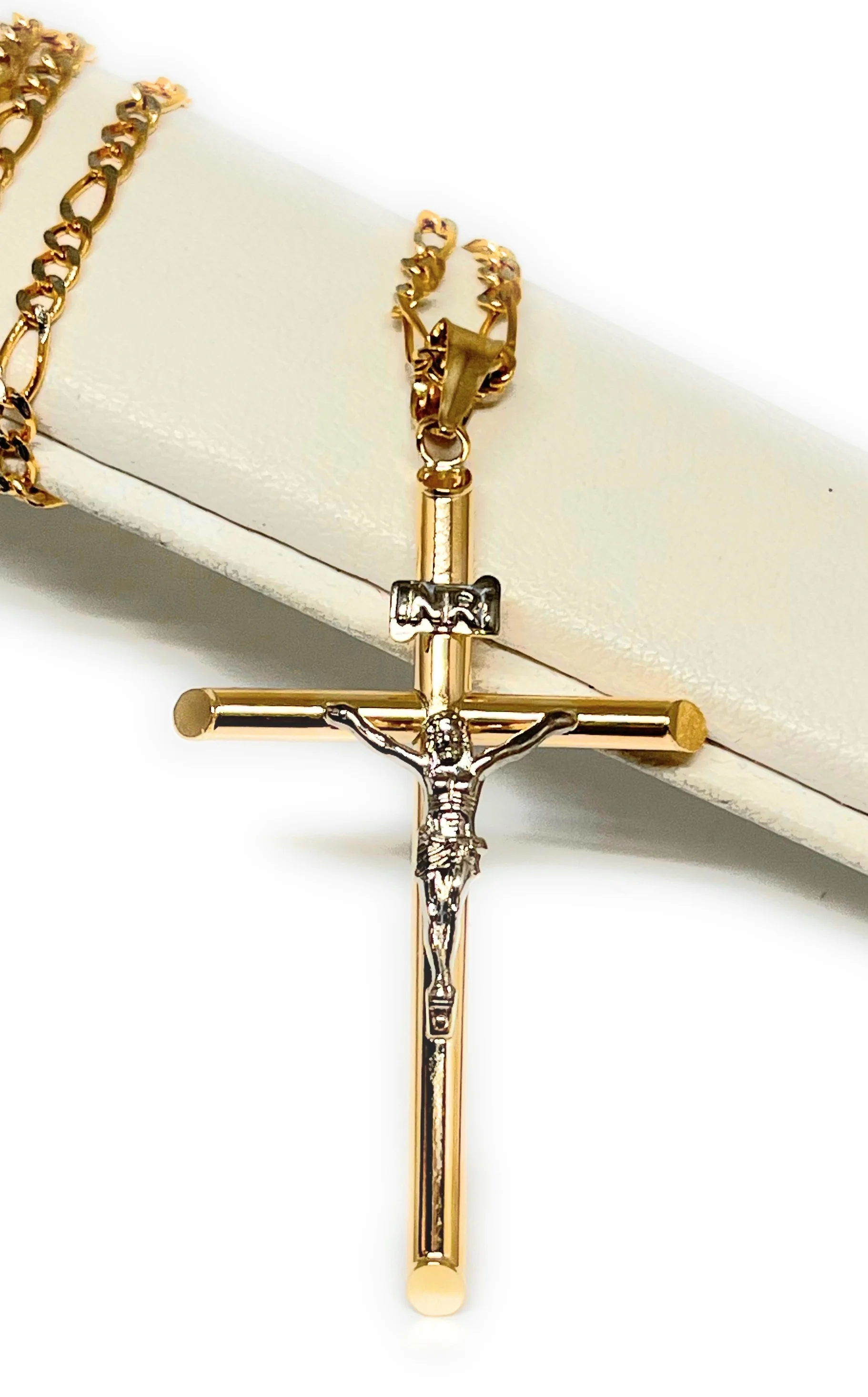 10k Solid Gold 2-Tone Classic Jesus Cross Crucifix Pendant Necklace (XS, SM, MED, LG) (MADE IN MX) - Image 6