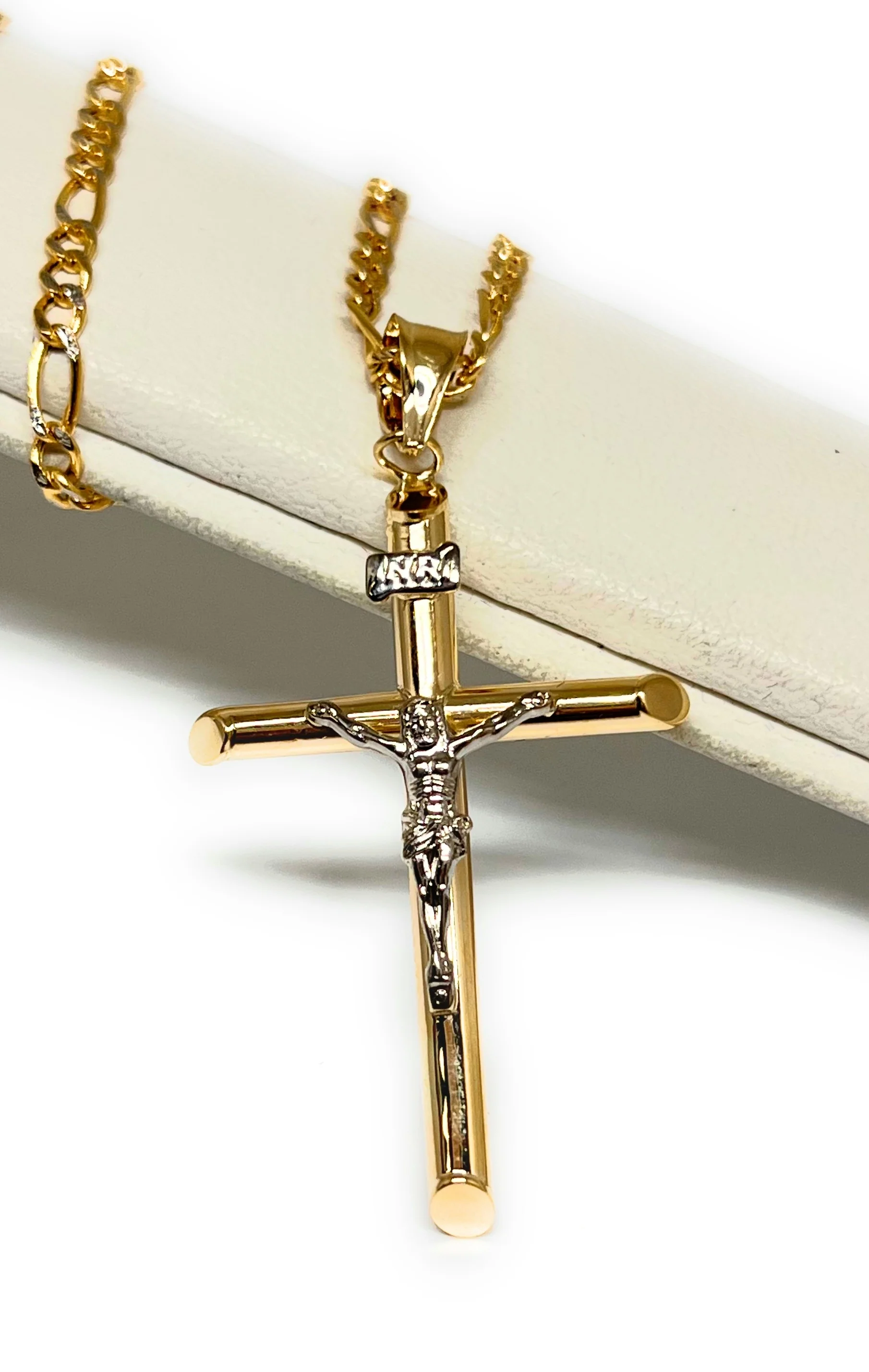10k Solid Gold 2-Tone Classic Jesus Cross Crucifix Pendant Necklace (XS, SM, MED, LG) (MADE IN MX) - Image 8