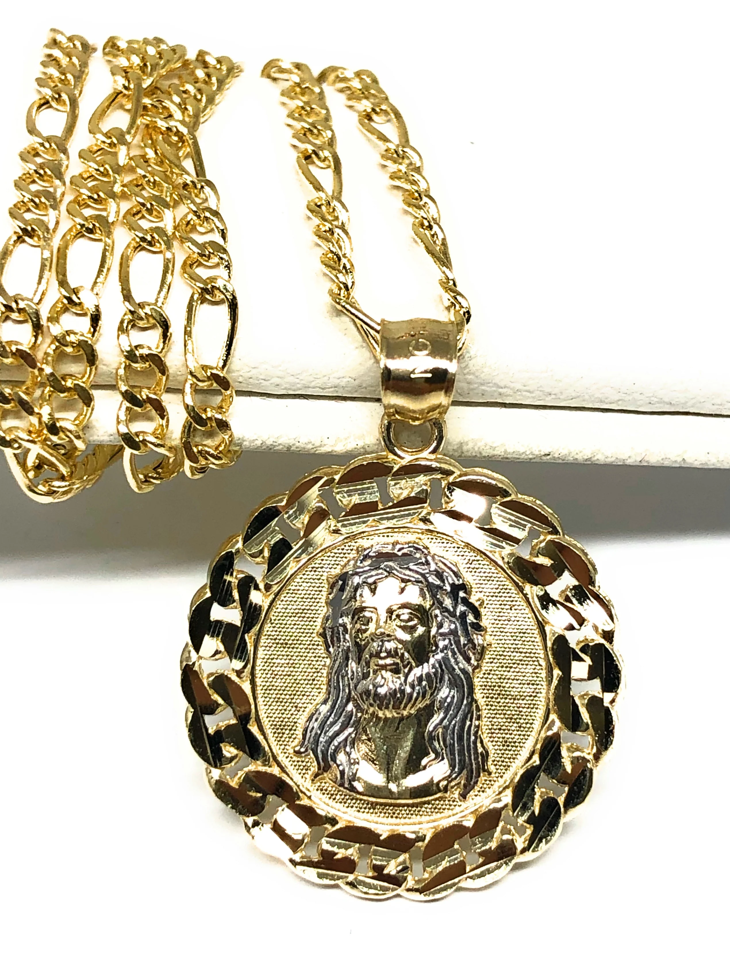 10k Solid Gold 2-Tone Jesus Face Round Pendant Necklace