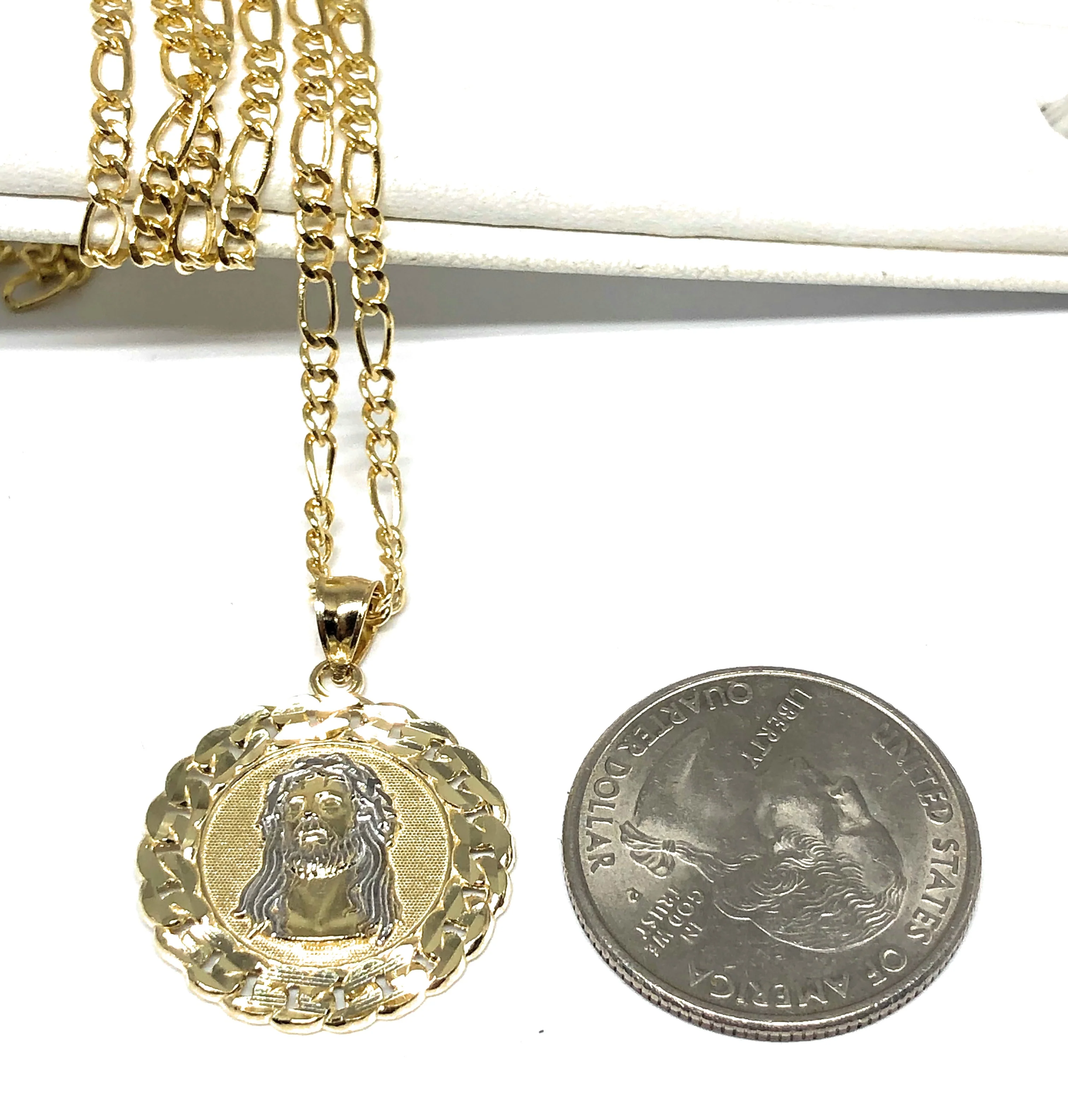 10k Solid Gold 2-Tone Jesus Face Round Pendant Necklace - Image 2