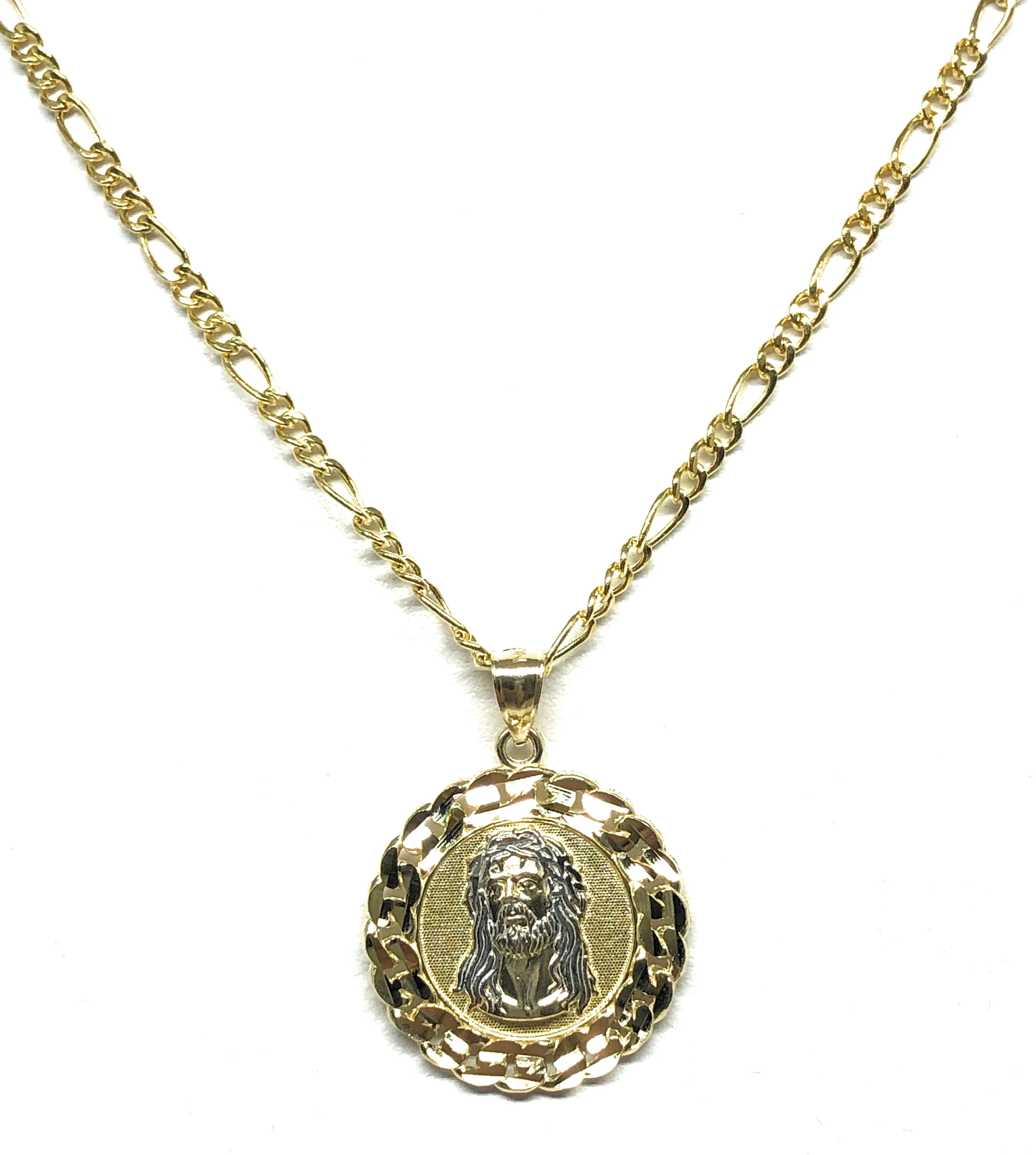 10k Solid Gold 2-Tone Jesus Face Round Pendant Necklace - Image 4