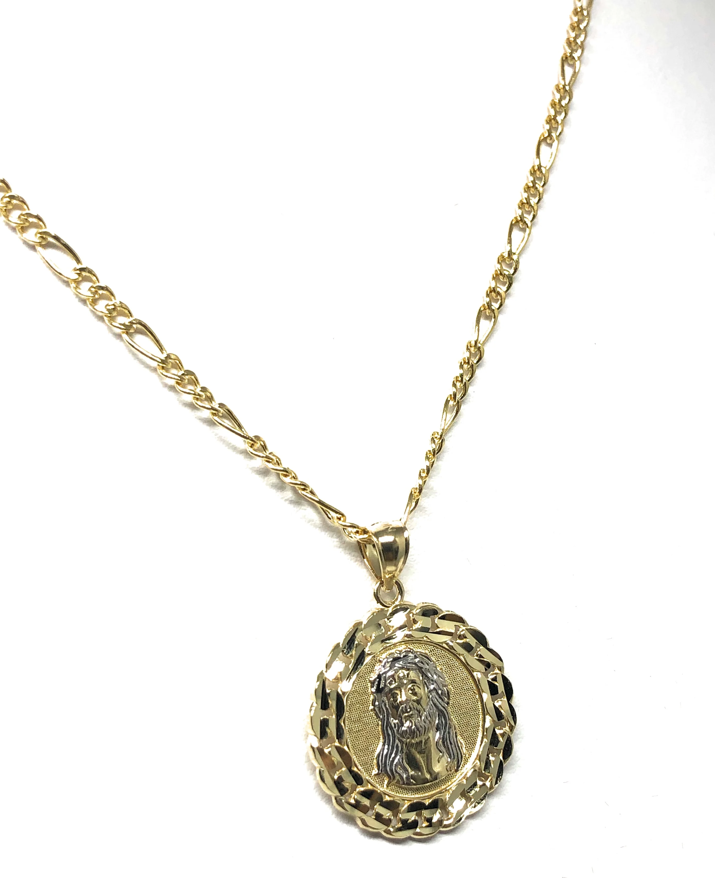 10k Solid Gold 2-Tone Jesus Face Round Pendant Necklace - Image 5