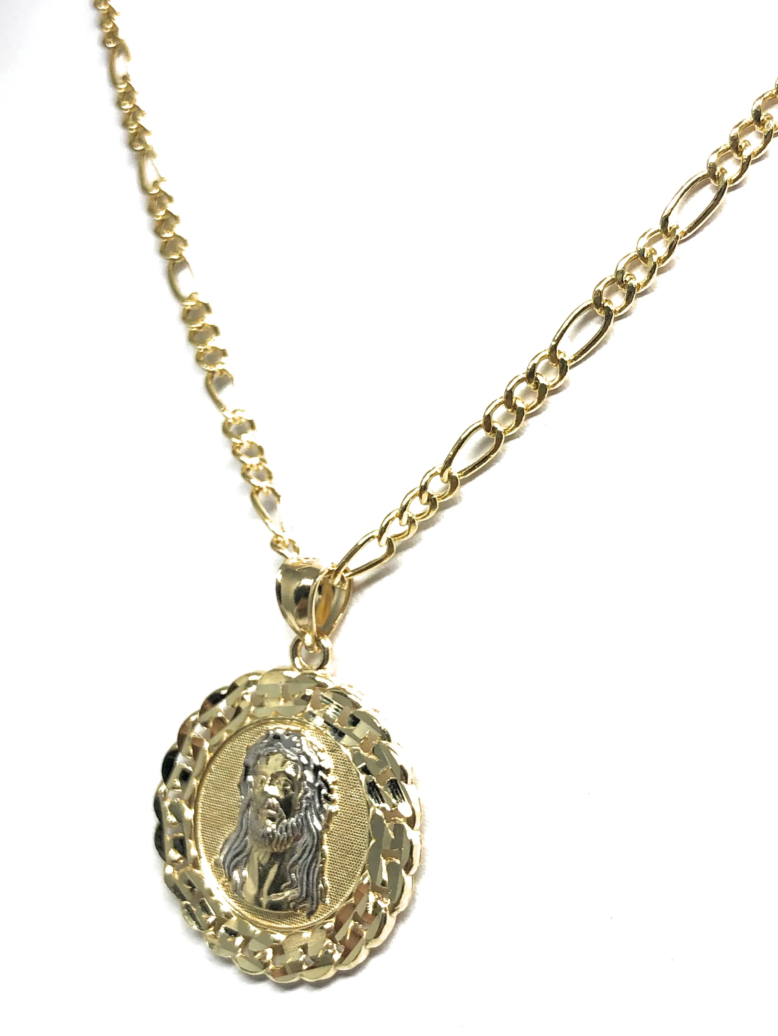 10k Solid Gold 2-Tone Jesus Face Round Pendant Necklace - Image 6