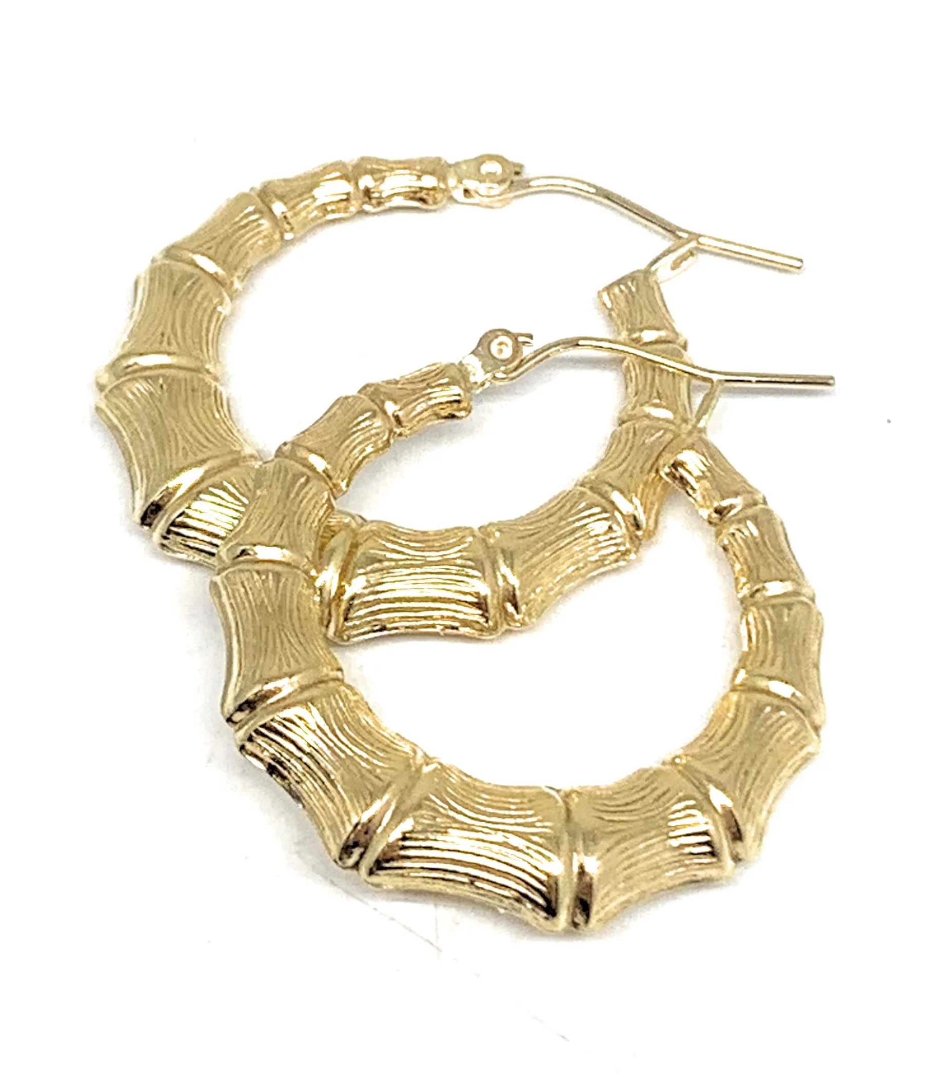 10k Solid Gold Yellow Bamboo Hoop Earrings 1 INCH Arracadas - Image 3