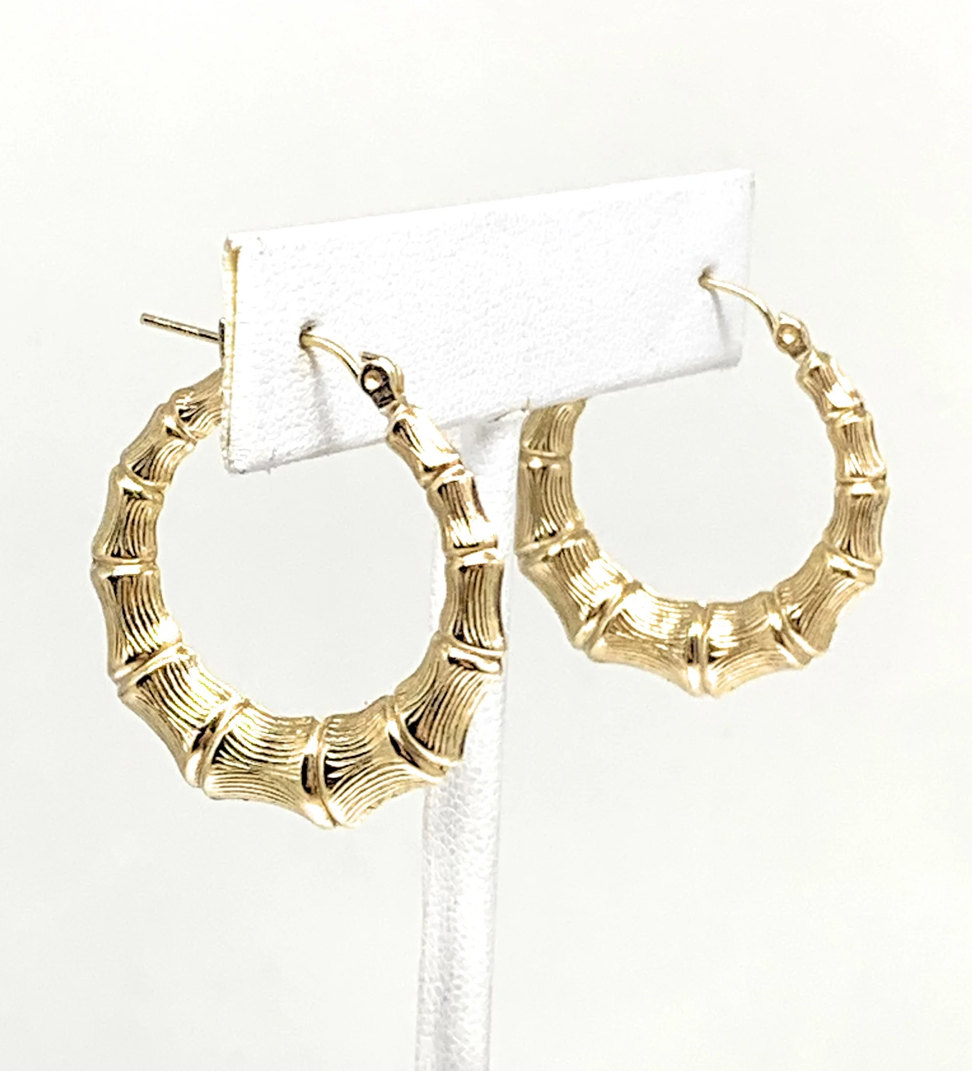 10k Solid Gold Yellow Bamboo Hoop Earrings 1 INCH Arracadas - Image 4