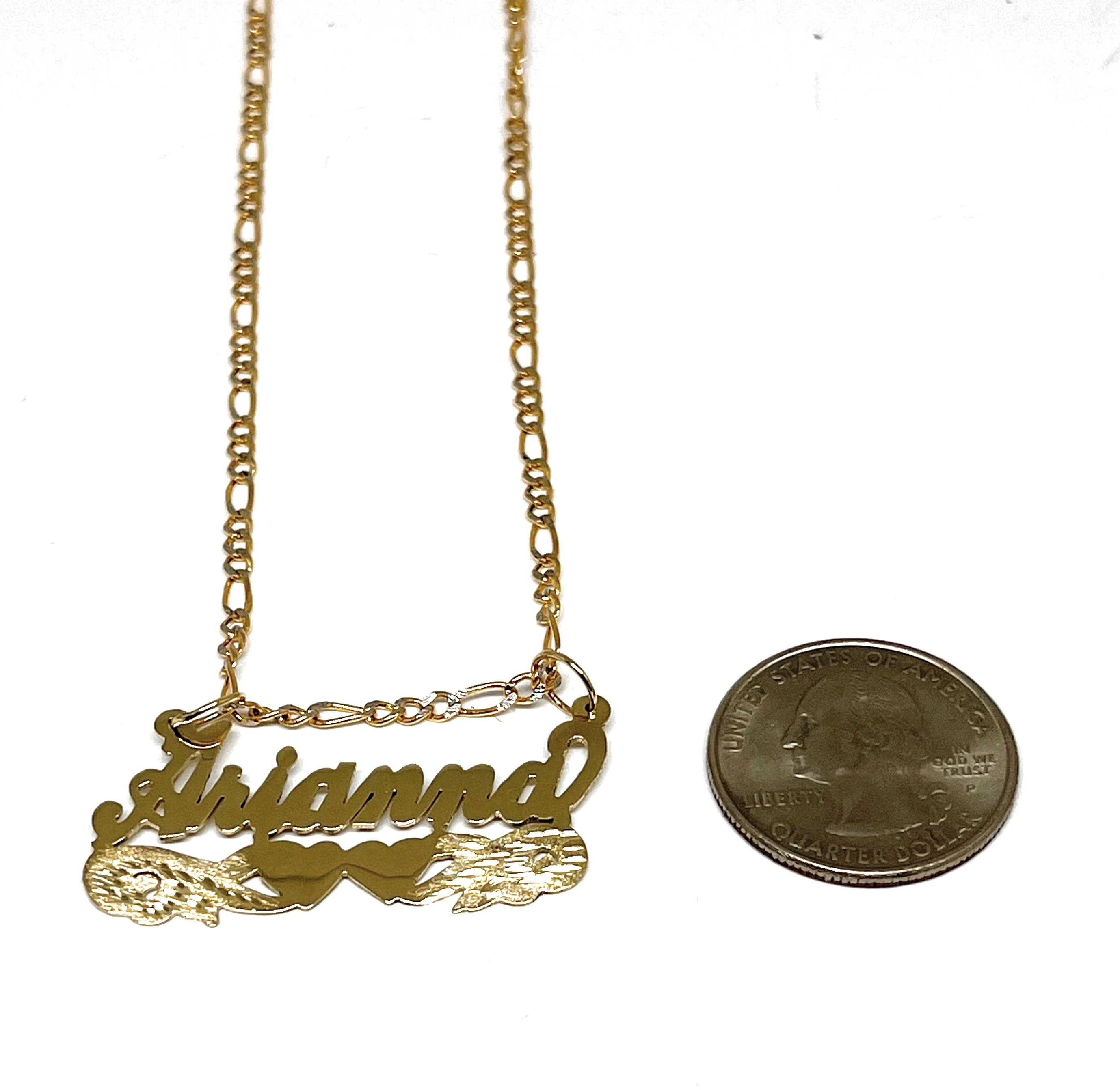10k Solid Gold Custom CURSIVE WITH DOUBLE HEARTS Nameplate Pendant Necklace with Chain Options - Image 2