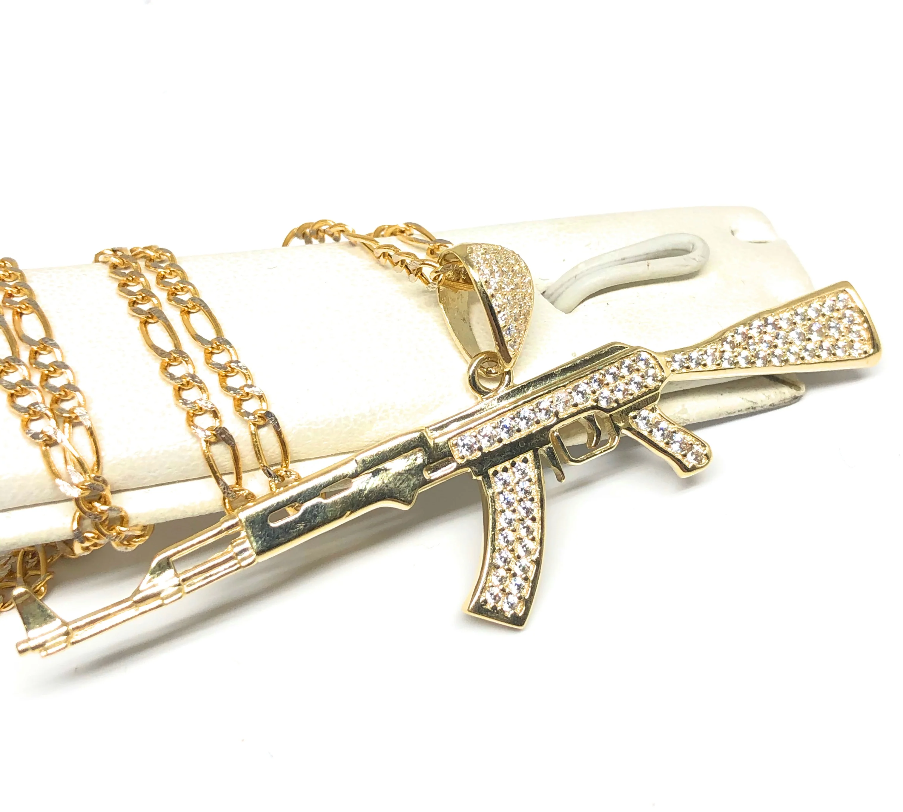 10k Solid Gold CZ Machine Gun AK-47 Pendant Necklace