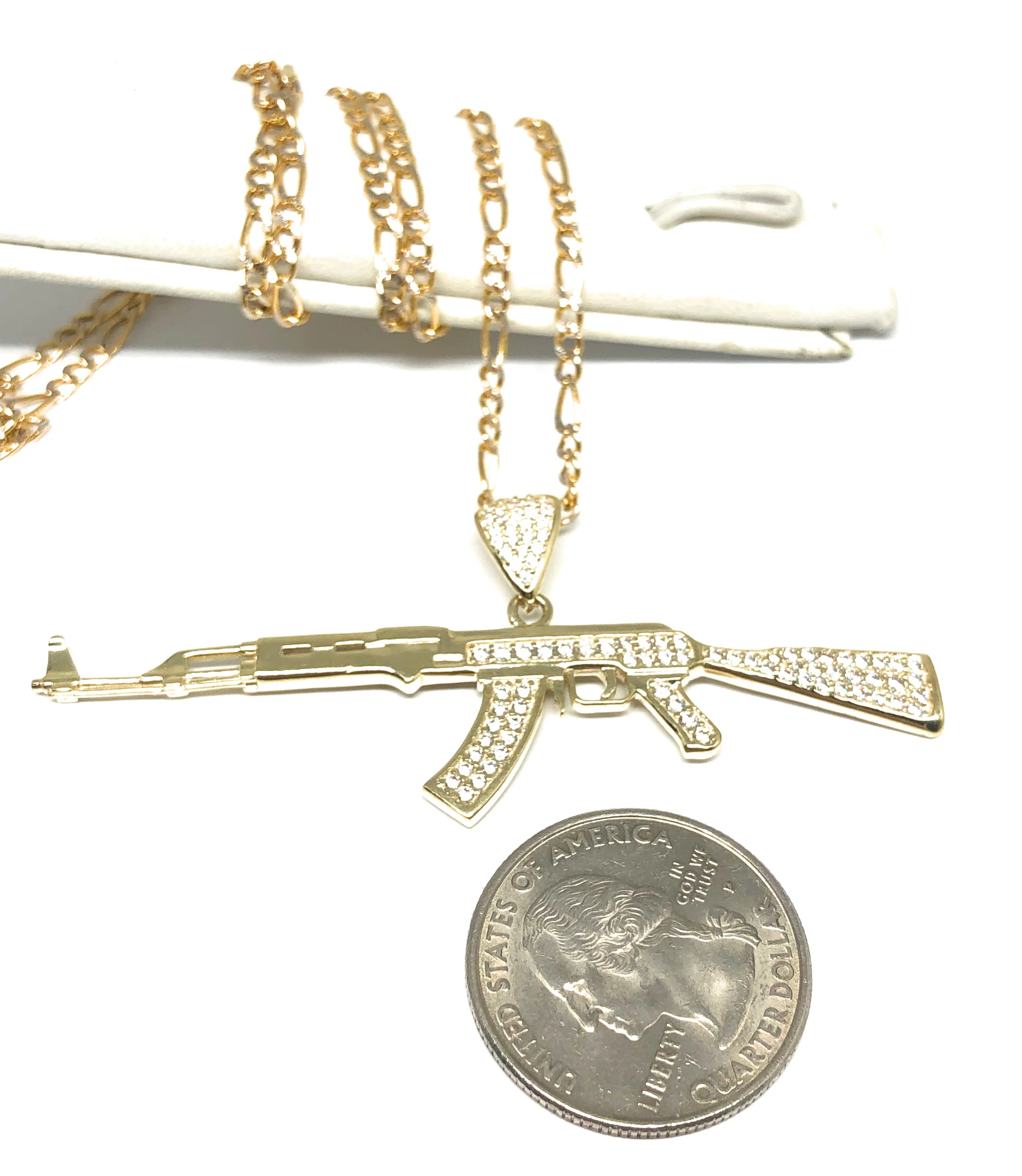 10k Solid Gold CZ Machine Gun AK-47 Pendant Necklace - Image 2