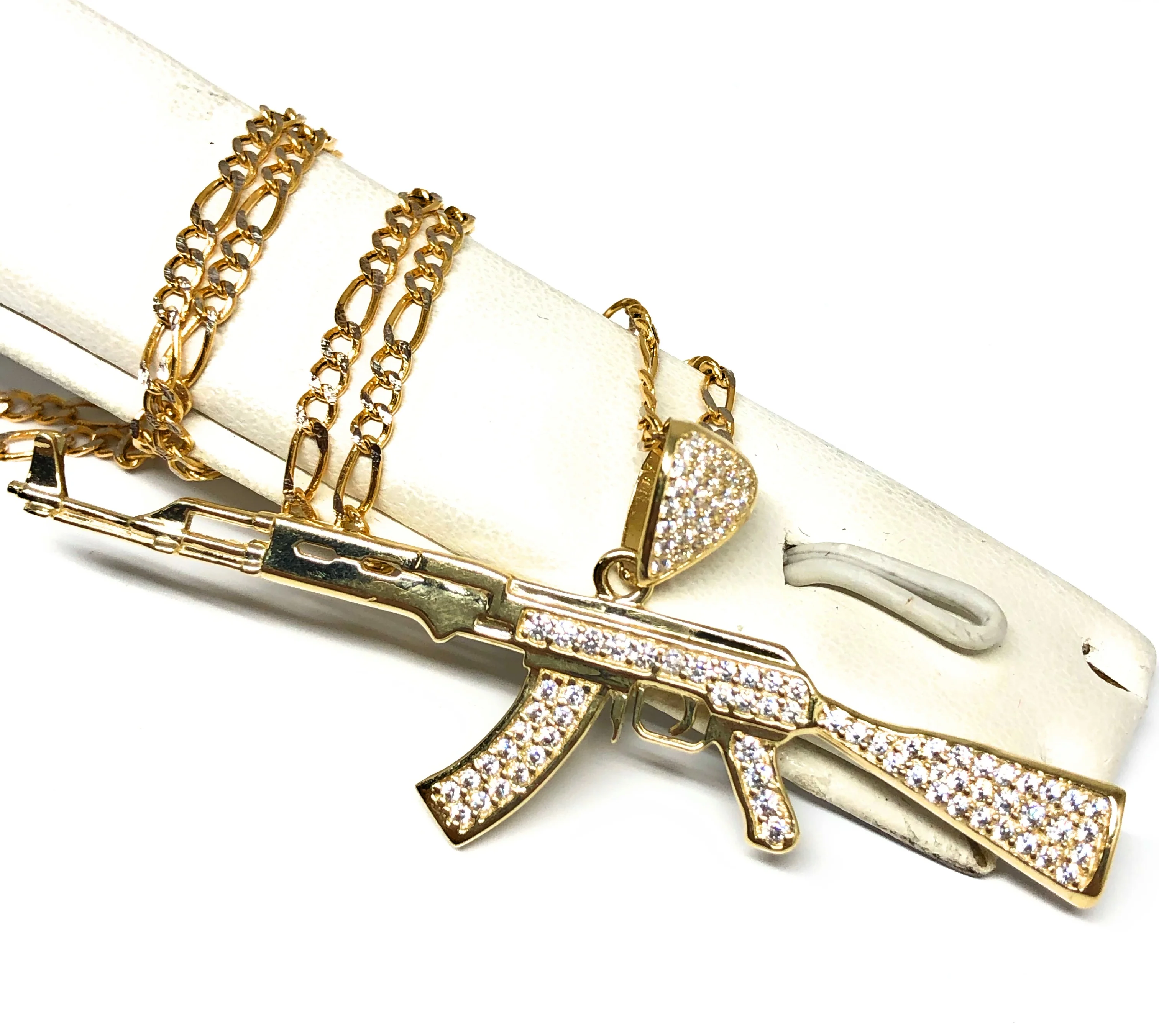 10k Solid Gold CZ Machine Gun AK-47 Pendant Necklace - Image 3