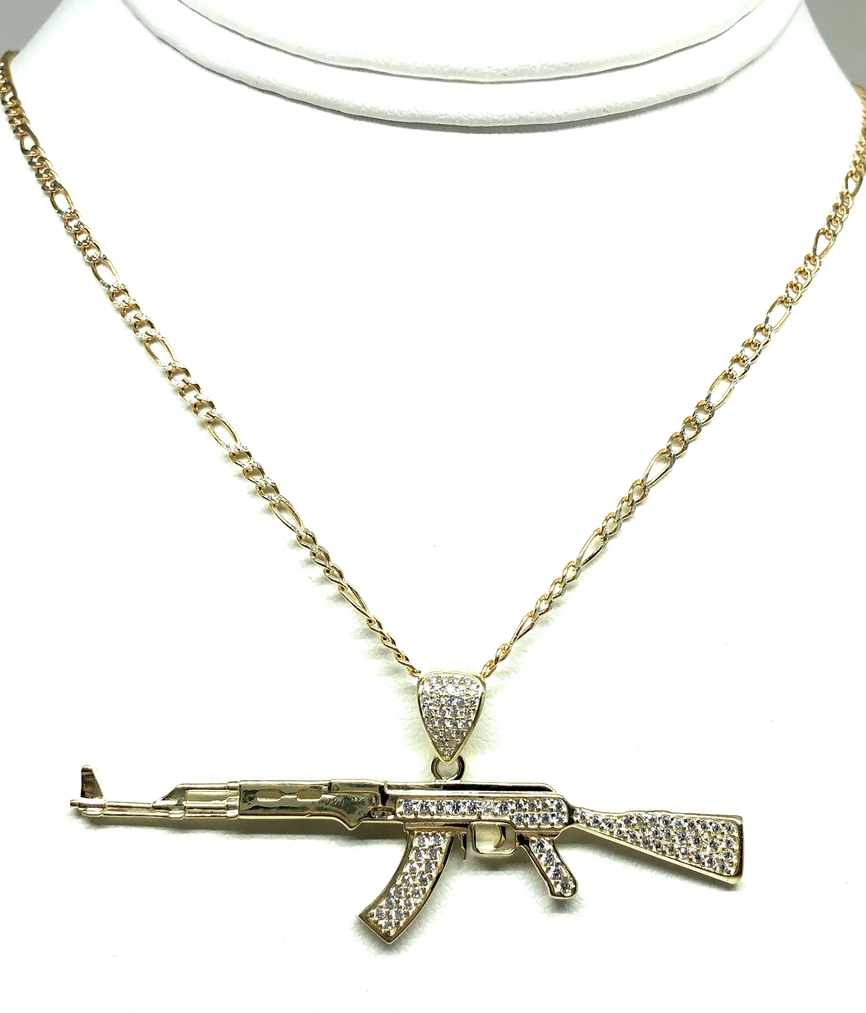 10k Solid Gold CZ Machine Gun AK-47 Pendant Necklace - Image 4