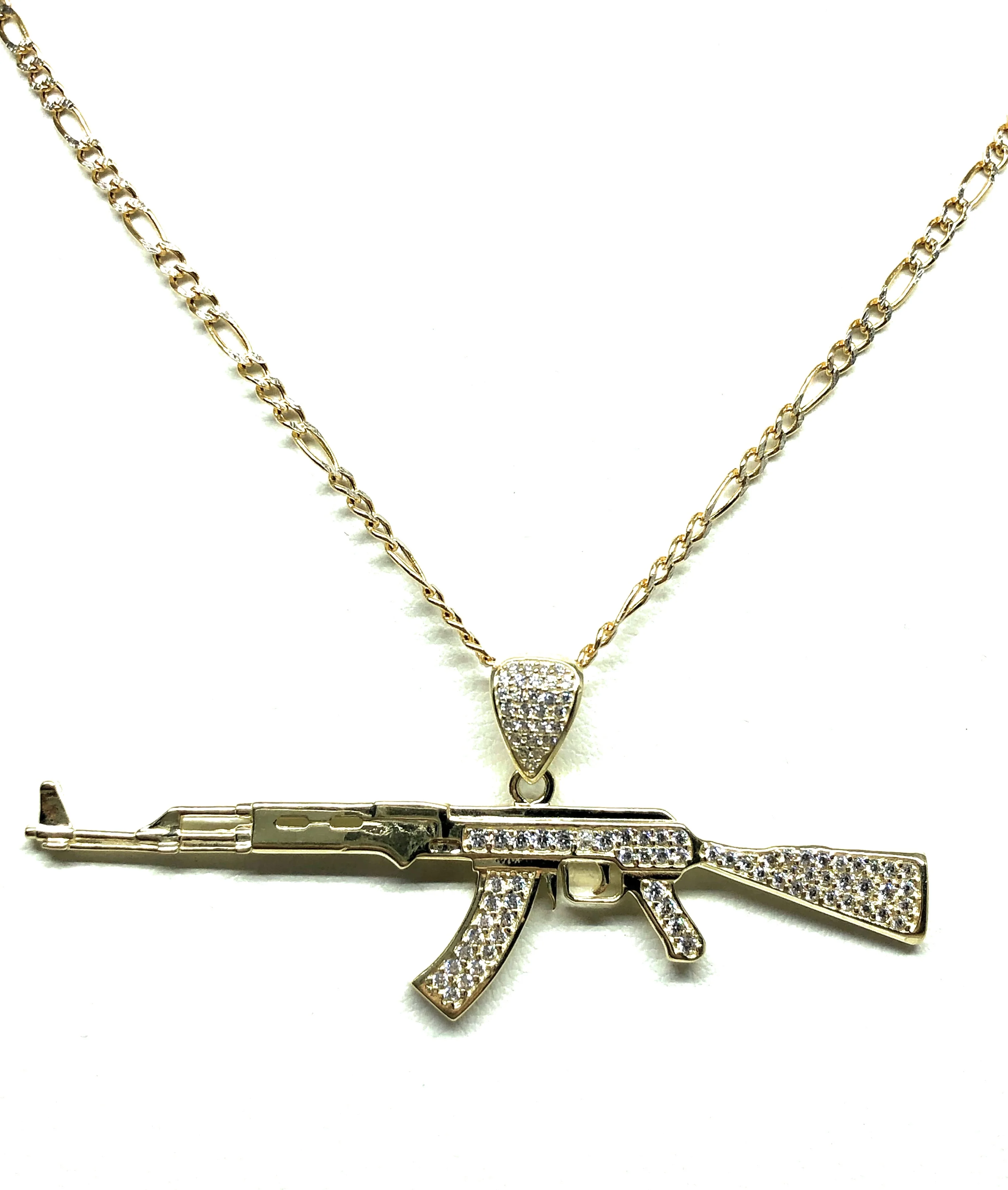 10k Solid Gold CZ Machine Gun AK-47 Pendant Necklace - Image 5