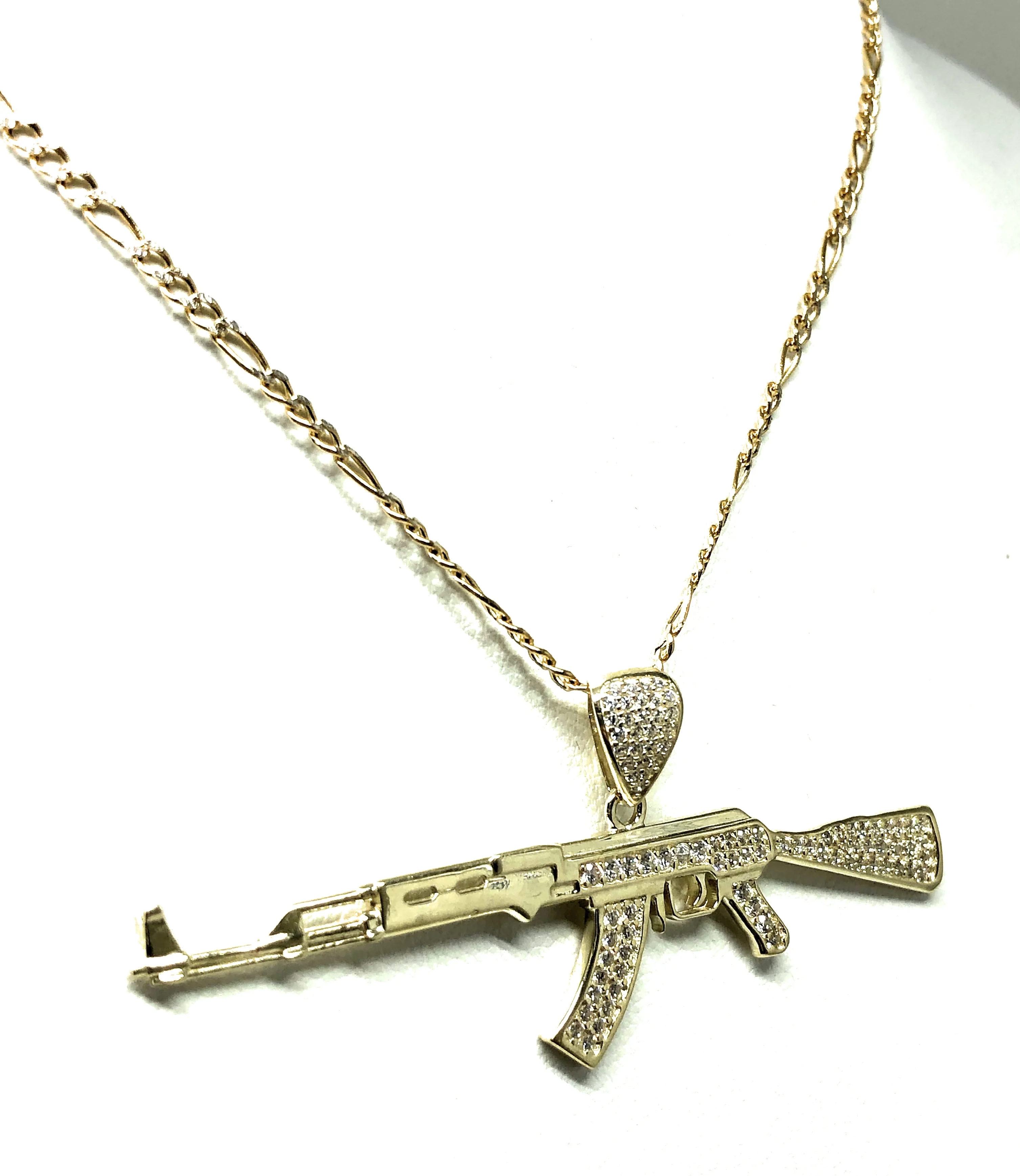 10k Solid Gold CZ Machine Gun AK-47 Pendant Necklace - Image 6