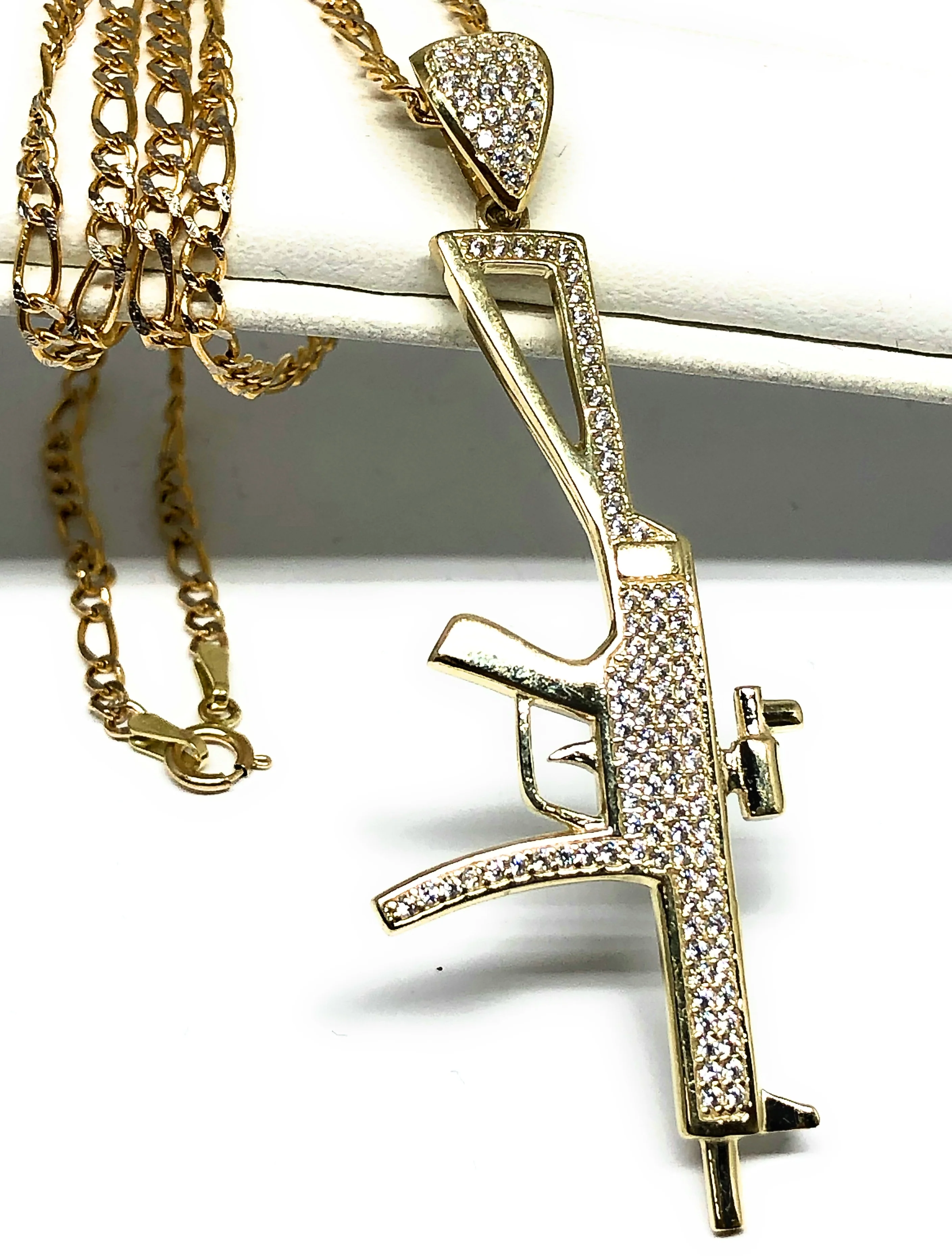 10k Solid Gold CZ Machine Gun MP5 Pendant Necklace - Image 3