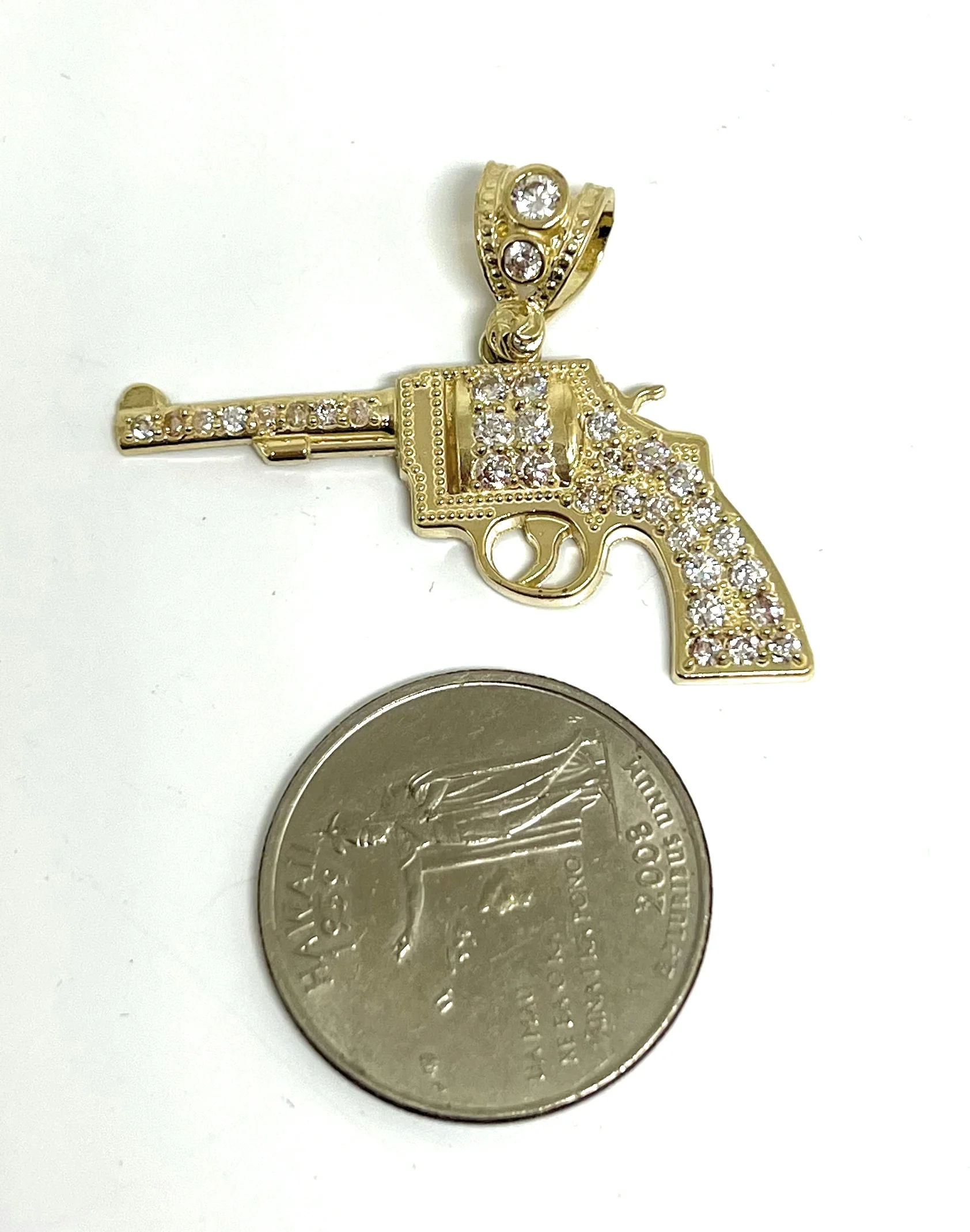 10k Solid Gold CZ Revolver Pistol Pendant Necklace - Image 2
