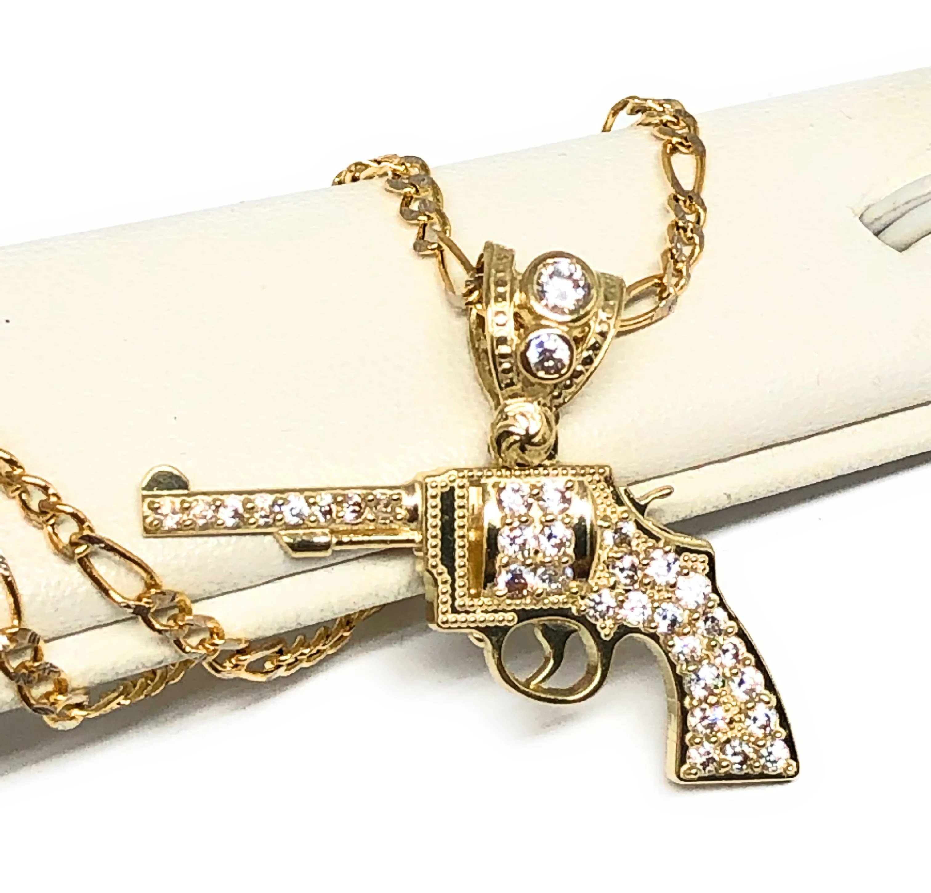 10k Solid Gold CZ Revolver Pistol Pendant Necklace - Image 3