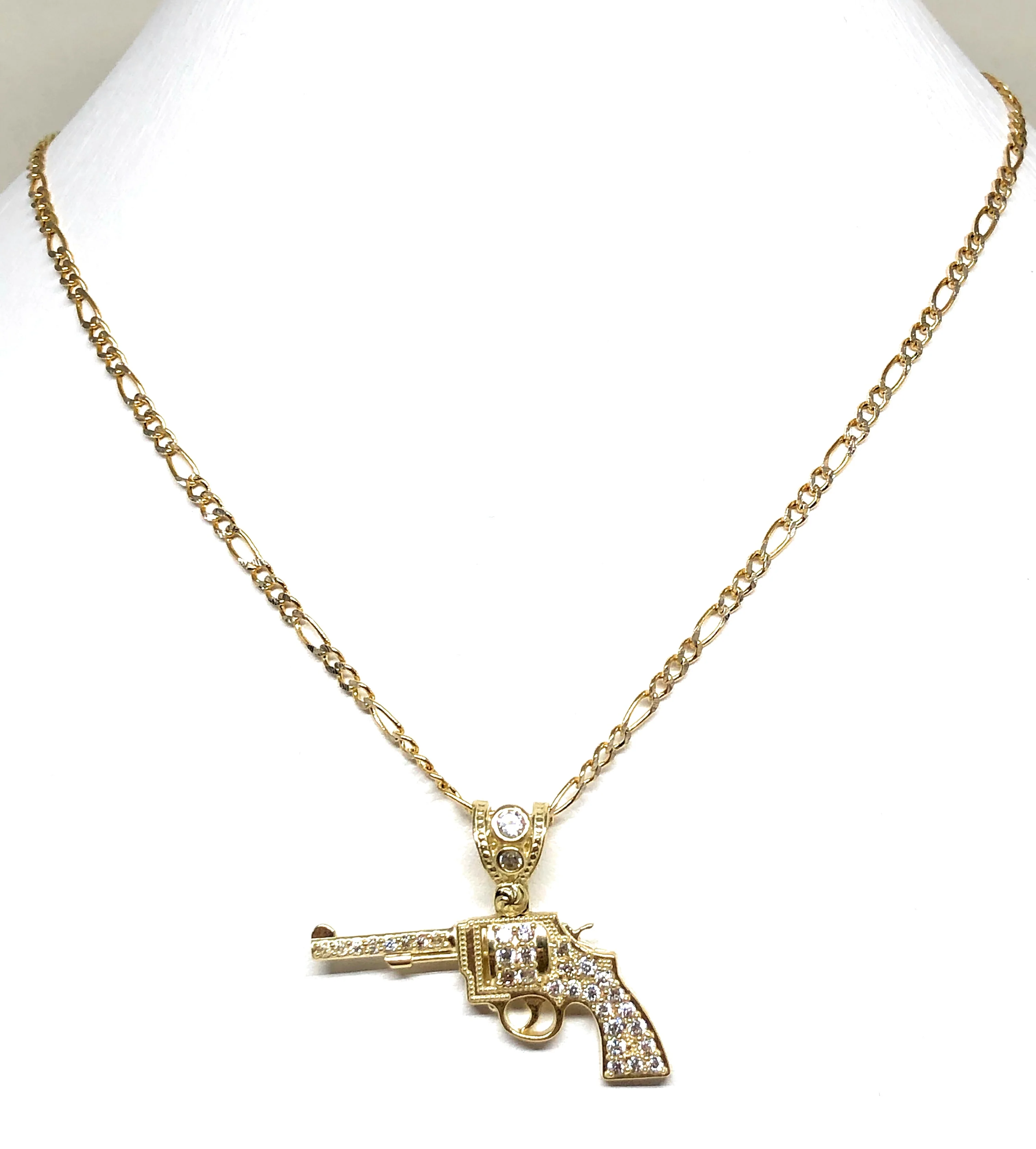 10k Solid Gold CZ Revolver Pistol Pendant Necklace - Image 4