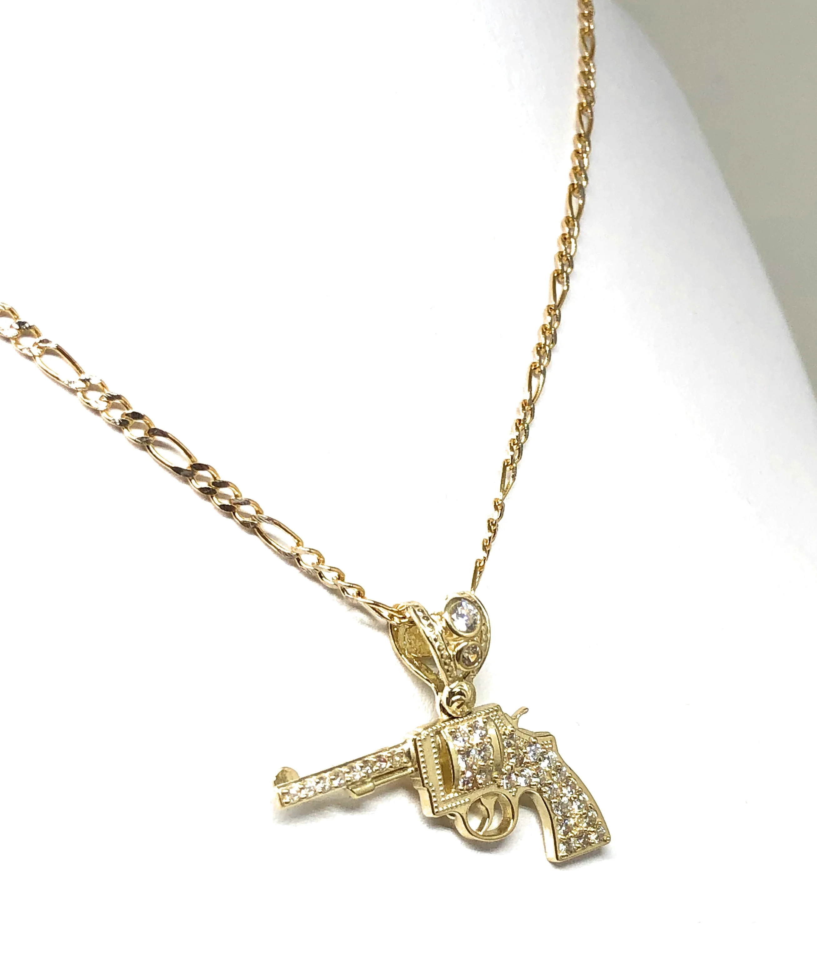 10k Solid Gold CZ Revolver Pistol Pendant Necklace - Image 5