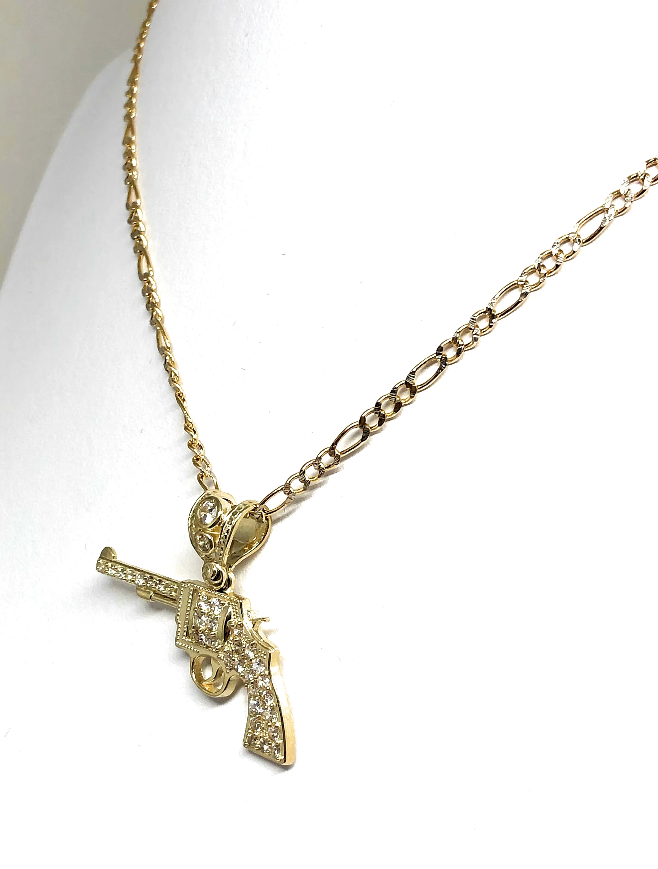 10k Solid Gold CZ Revolver Pistol Pendant Necklace - Image 6
