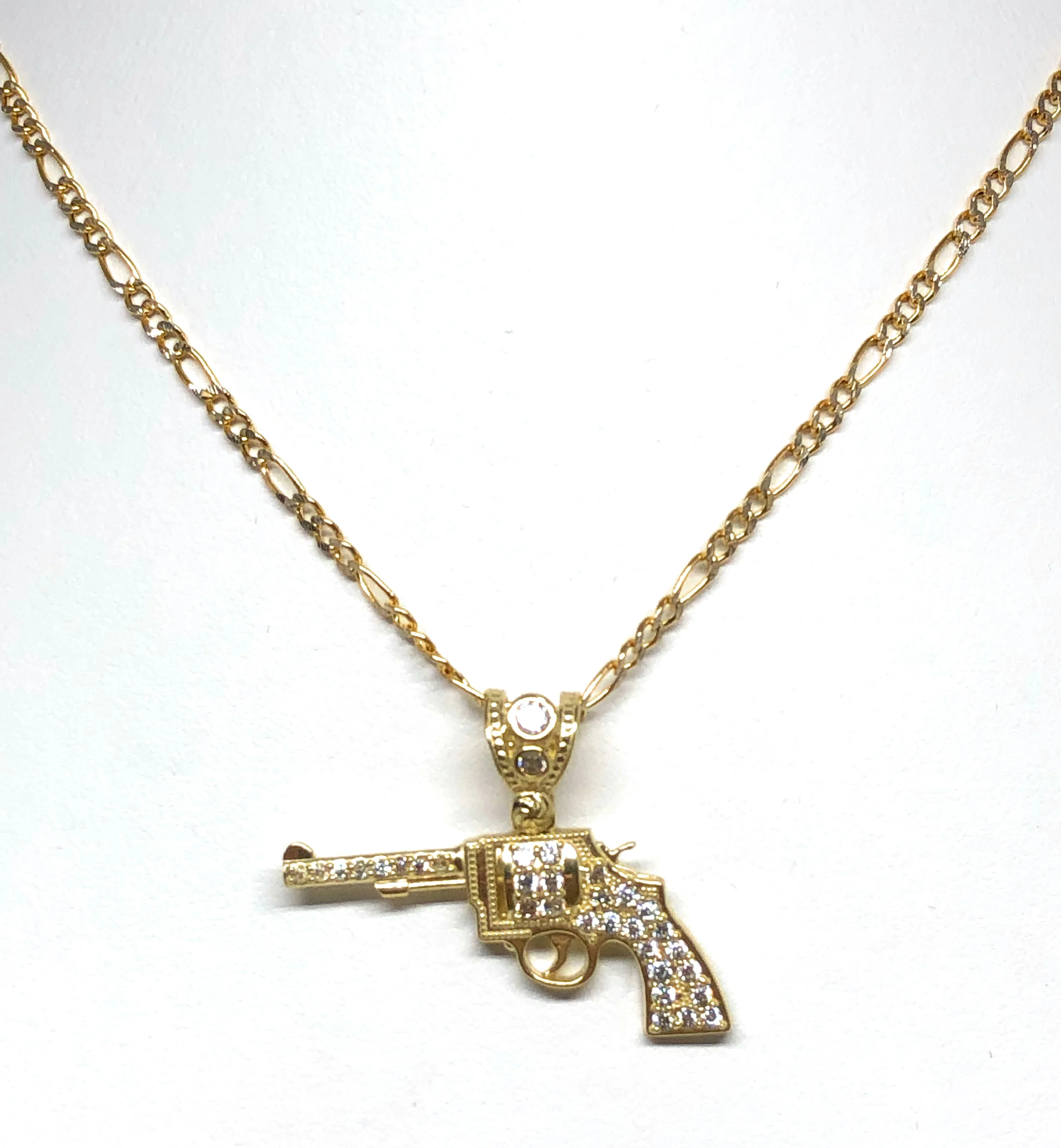 10k Solid Gold CZ Revolver Pistol Pendant Necklace - Image 7