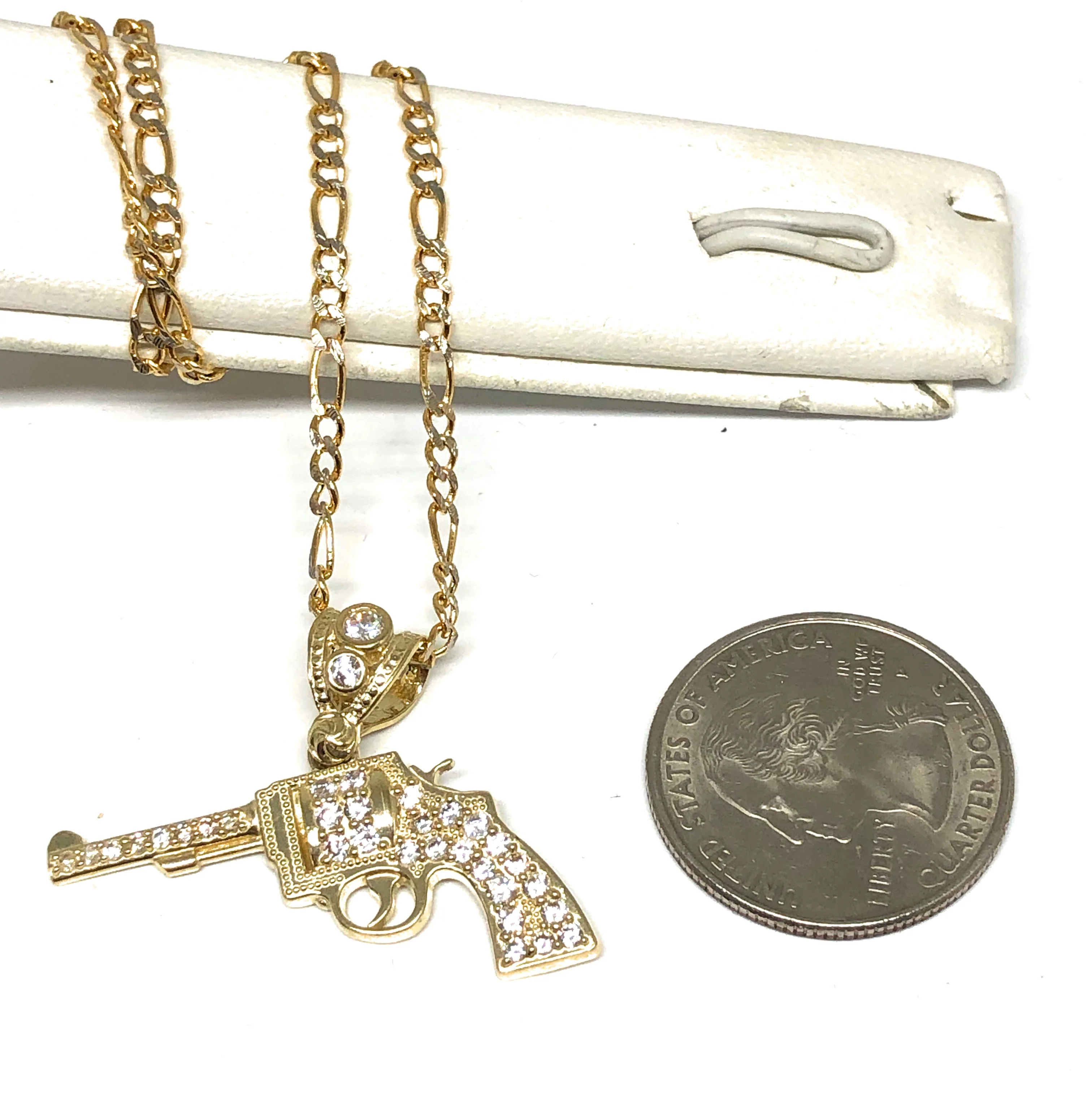 10k Solid Gold CZ Revolver Pistol Pendant Necklace - Image 8