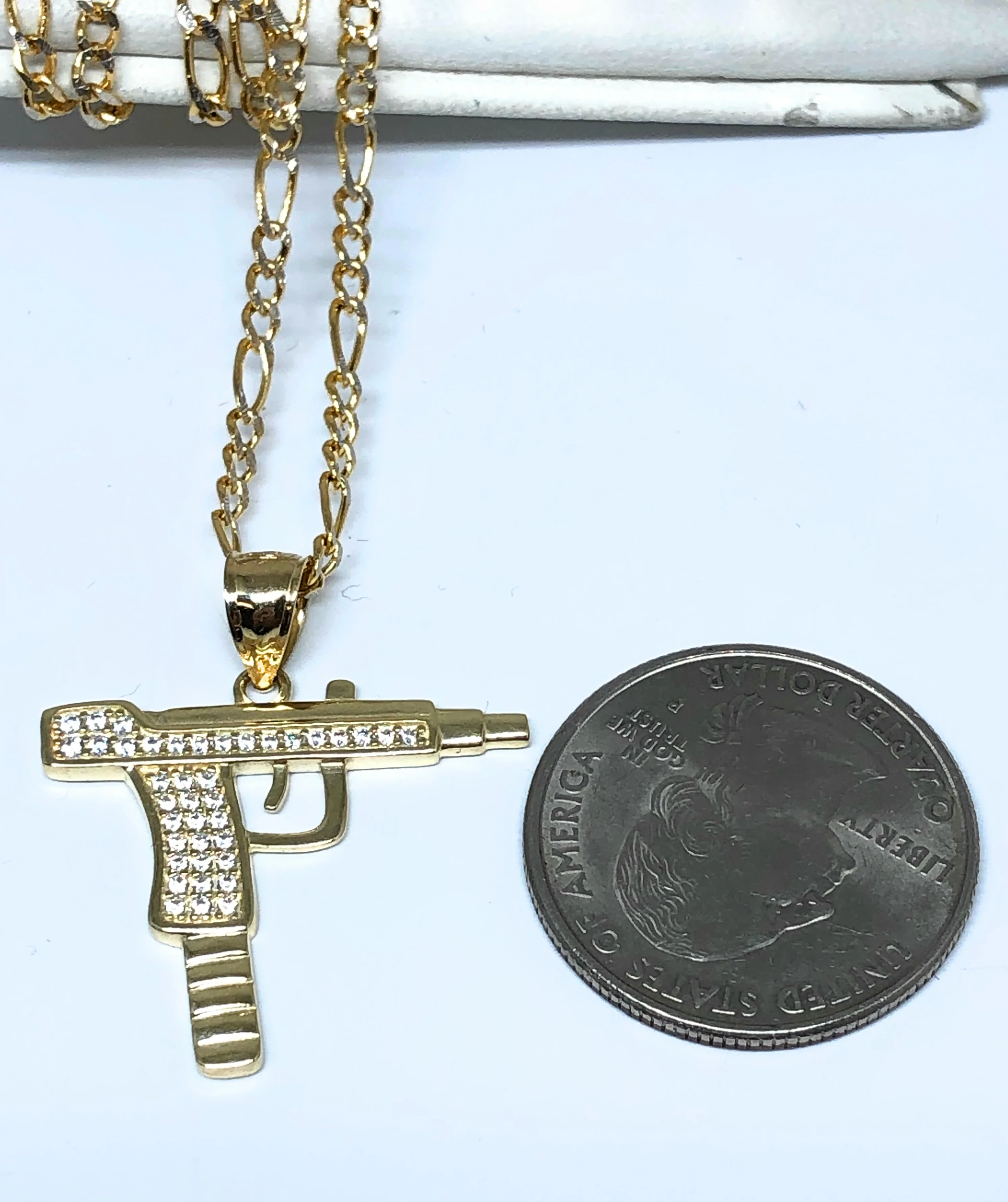 10k Solid Gold CZ UZI Pistol Pendant Necklace (MED, SM) - Image 3
