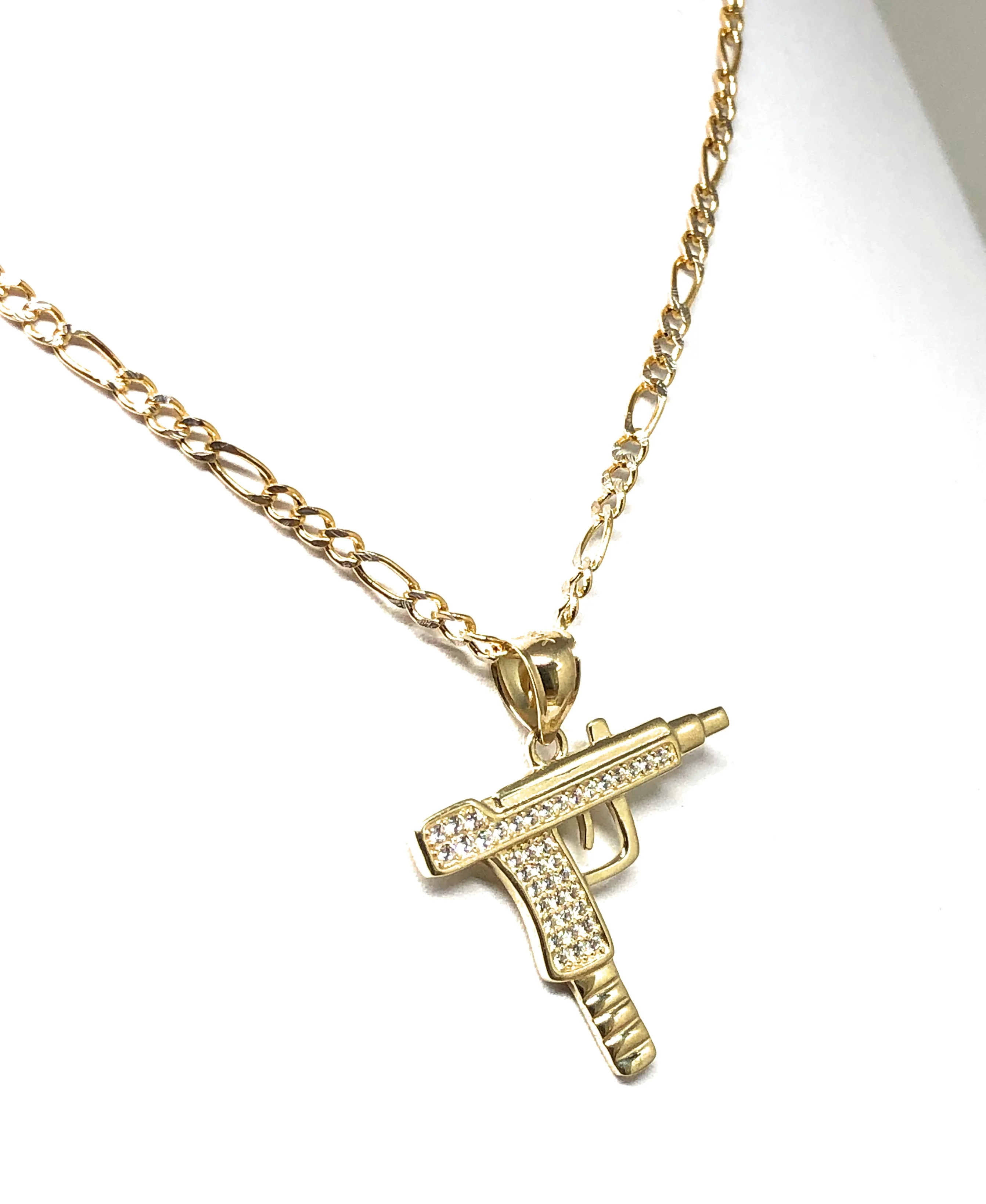 10k Solid Gold CZ UZI Pistol Pendant Necklace (MED, SM) - Image 4
