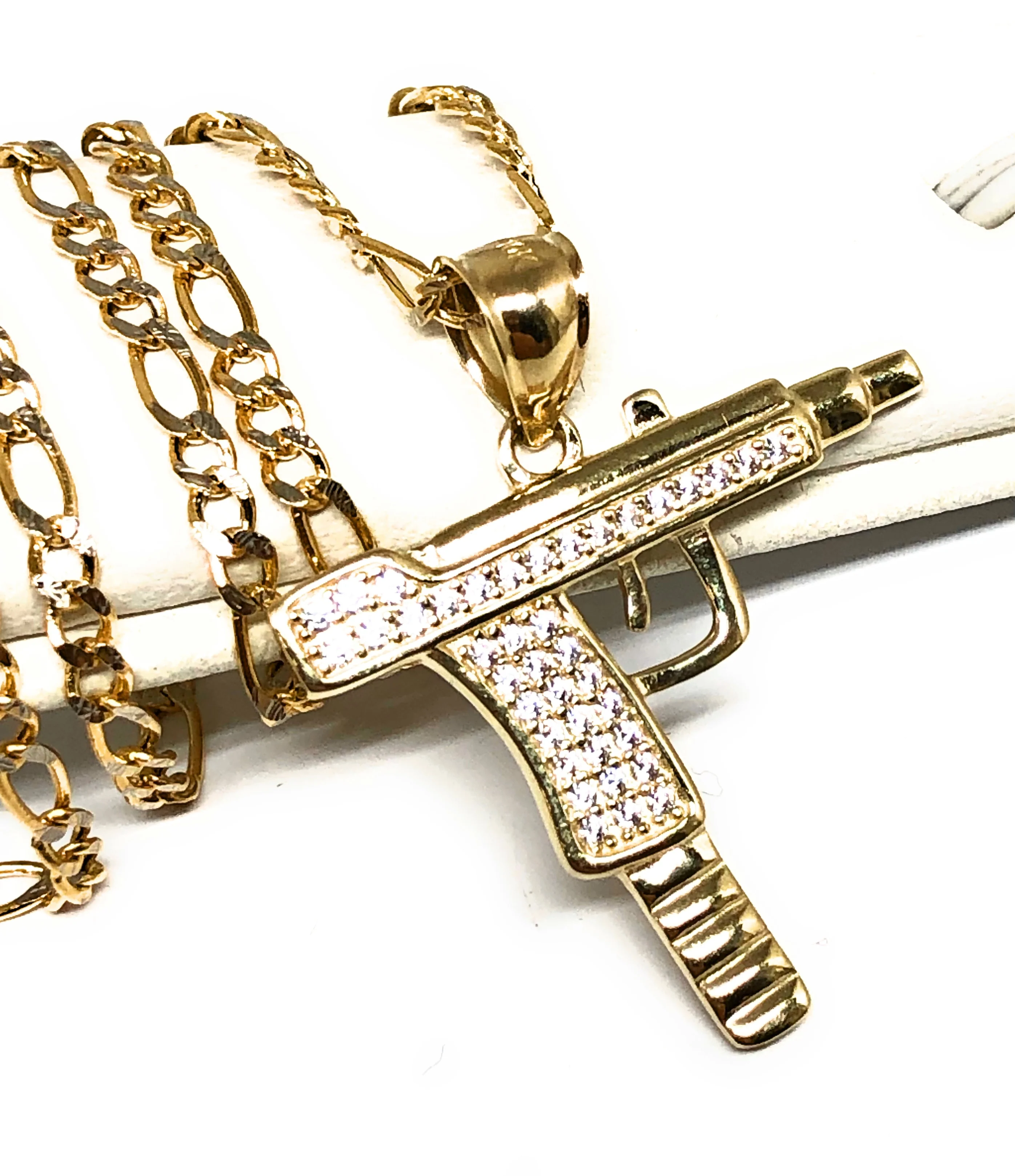 10k Solid Gold CZ UZI Pistol Pendant Necklace (MED, SM) - Image 5