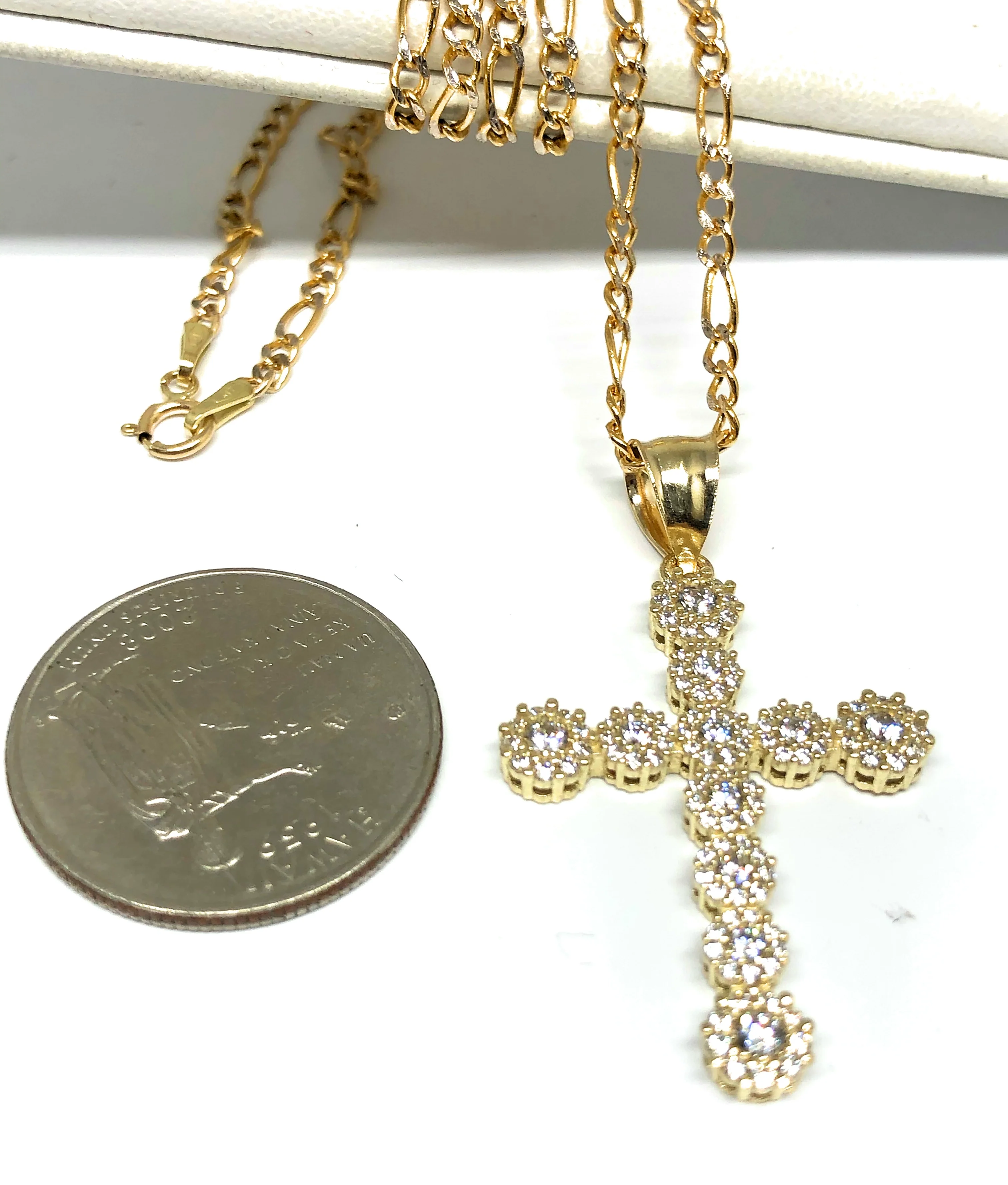 10k Solid Gold Full Cubic Zirconia CZ Cross Pendant Necklace - Image 2