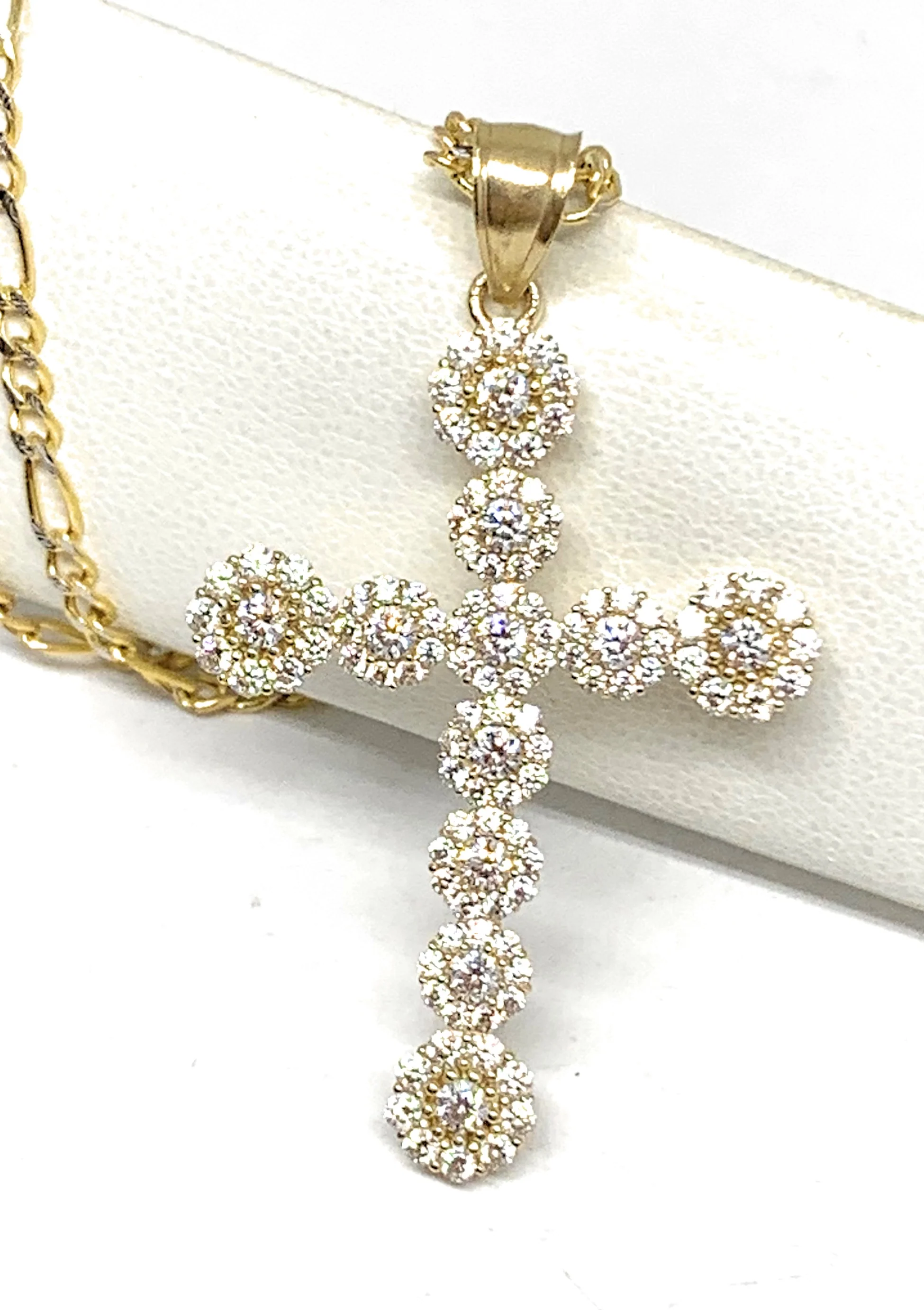 10k Solid Gold Full Cubic Zirconia CZ Cross Pendant Necklace
