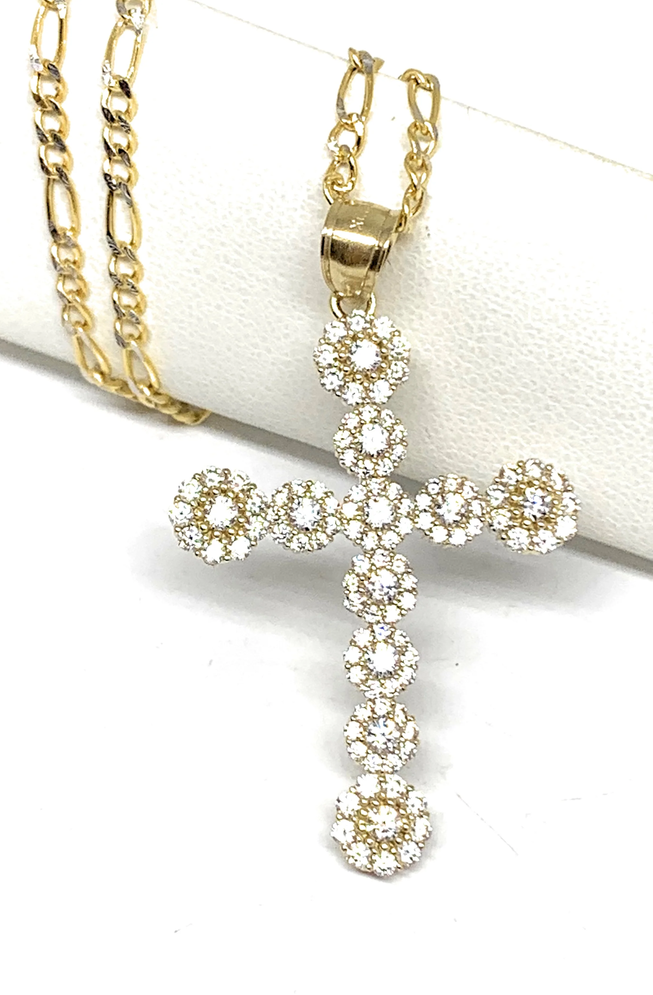 10k Solid Gold Full Cubic Zirconia CZ Cross Pendant Necklace - Image 2