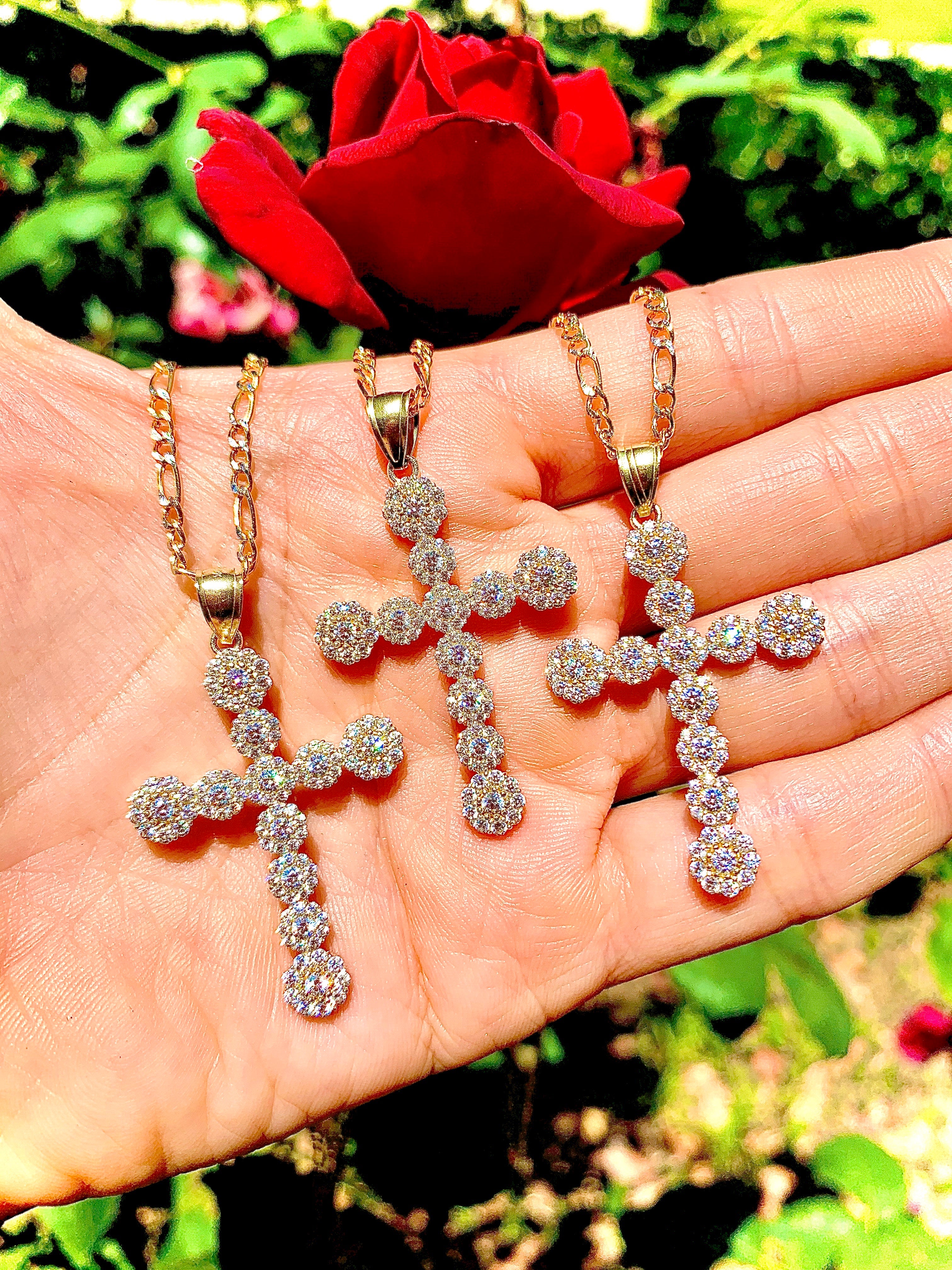 10k Solid Gold Full Cubic Zirconia CZ Cross Pendant Necklace - Image 4