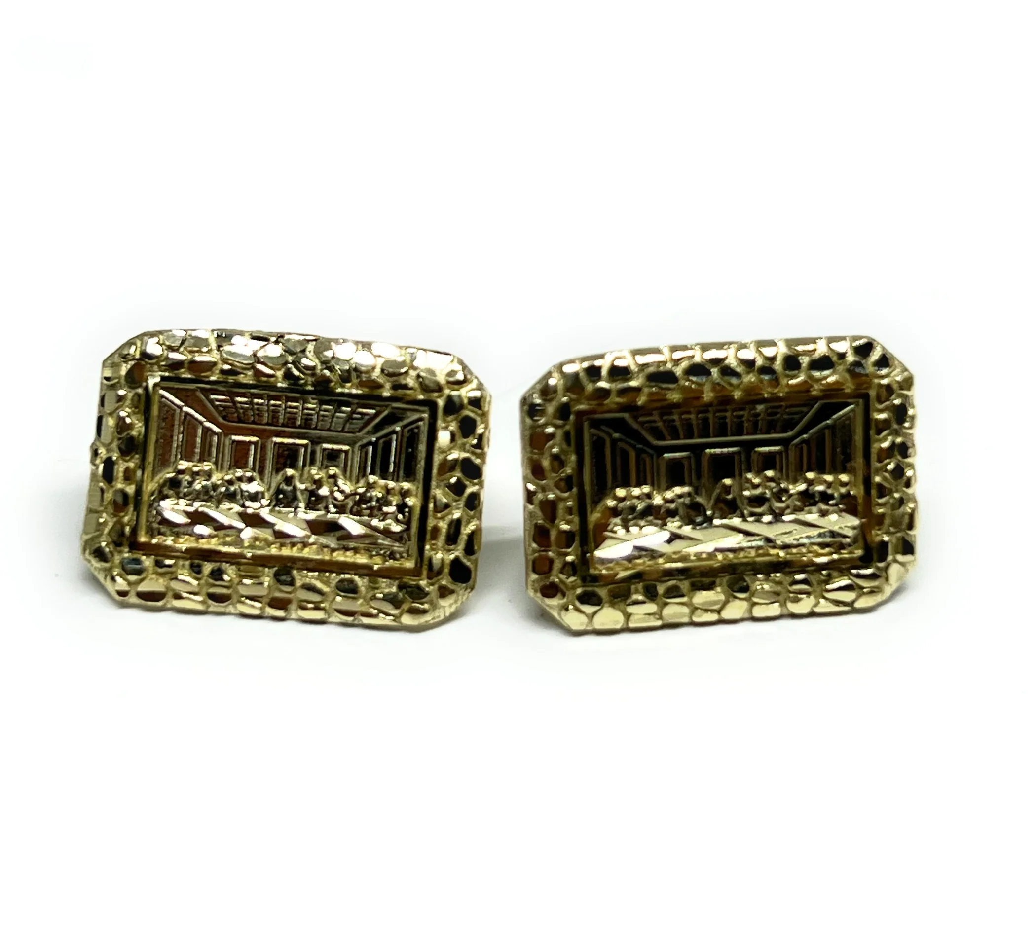 10k Solid Gold Last Supper Square Nugget Stud Earrings