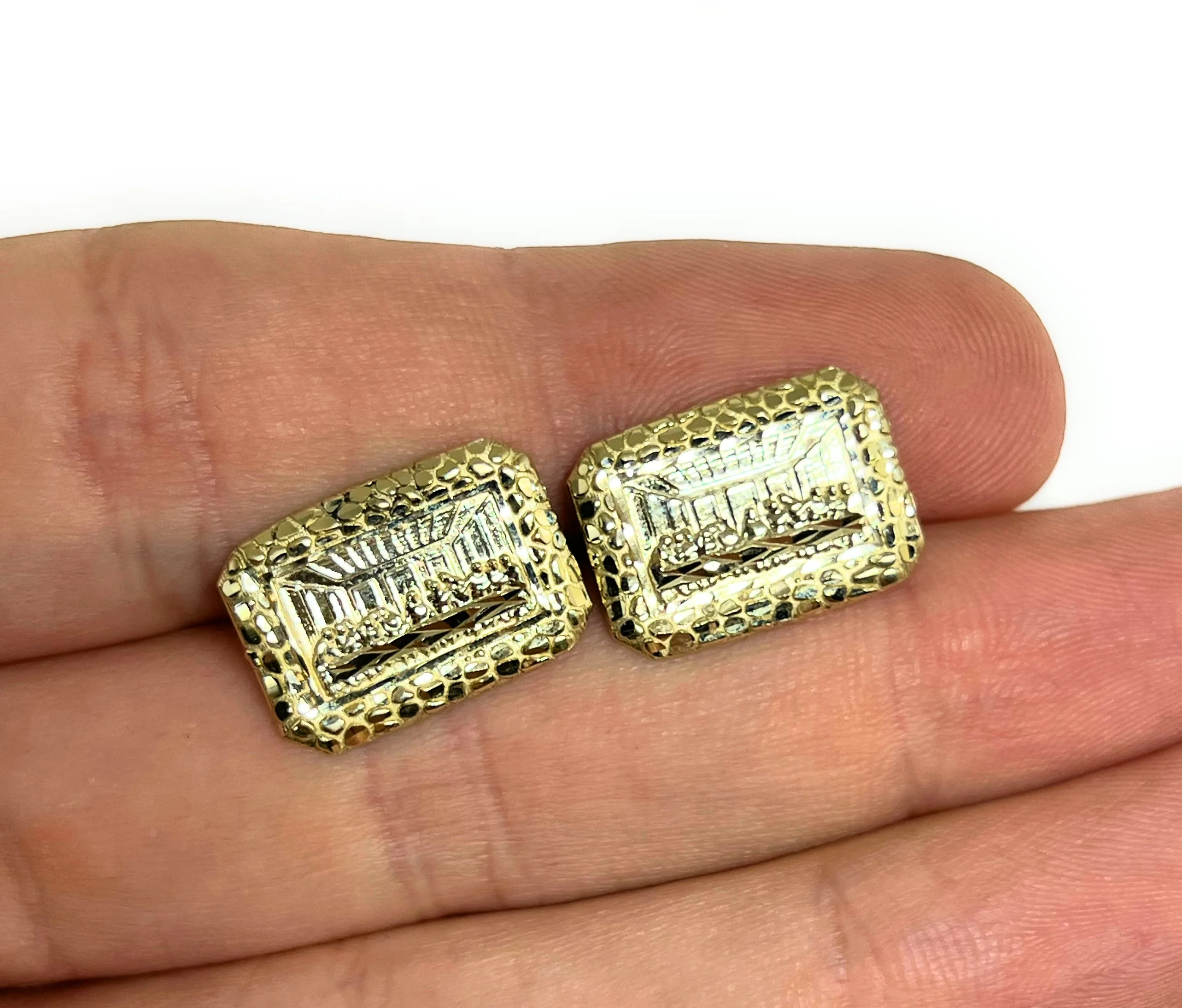 10k Solid Gold Last Supper Square Nugget Stud Earrings - Image 2