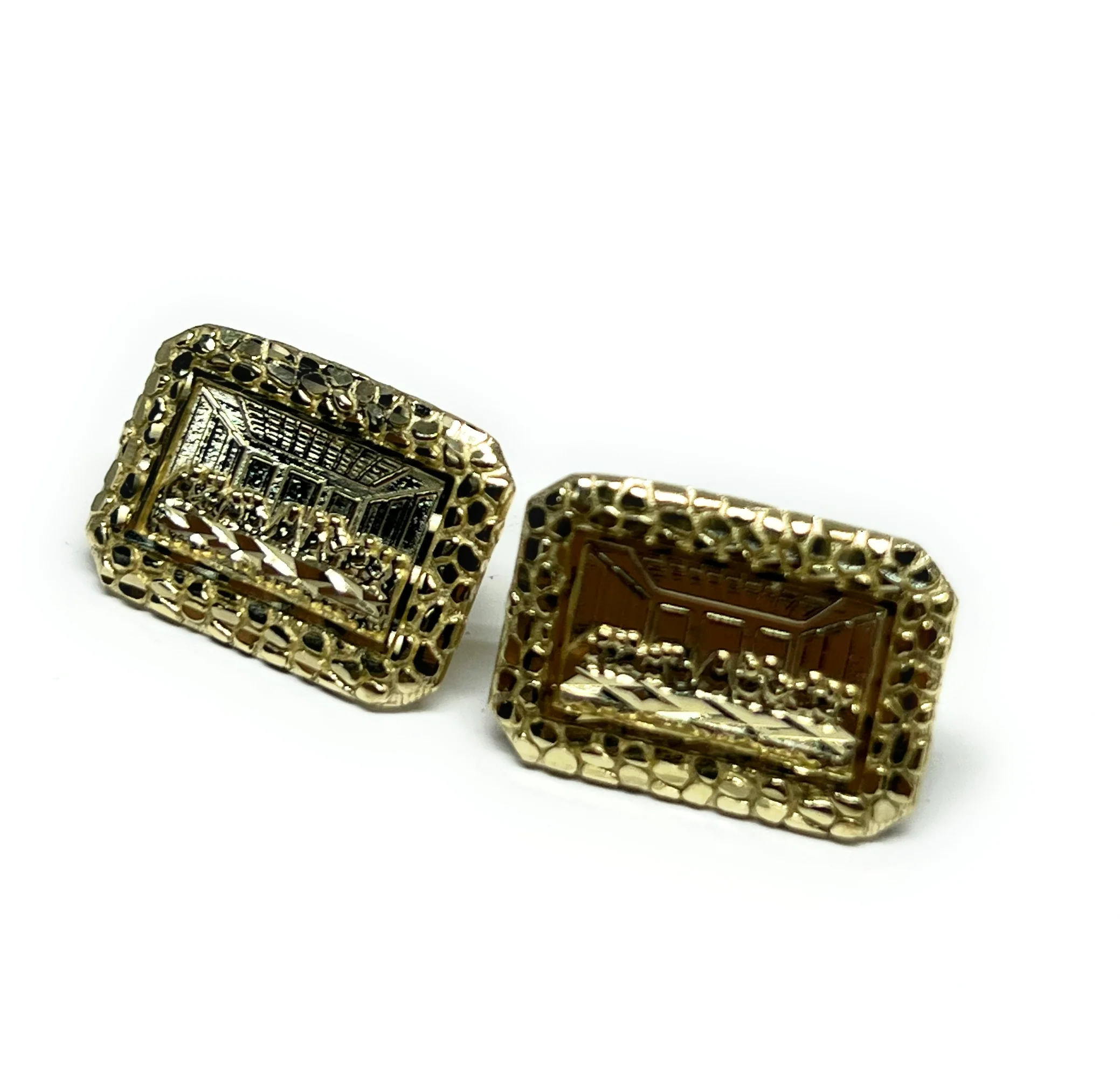 10k Solid Gold Last Supper Square Nugget Stud Earrings - Image 4