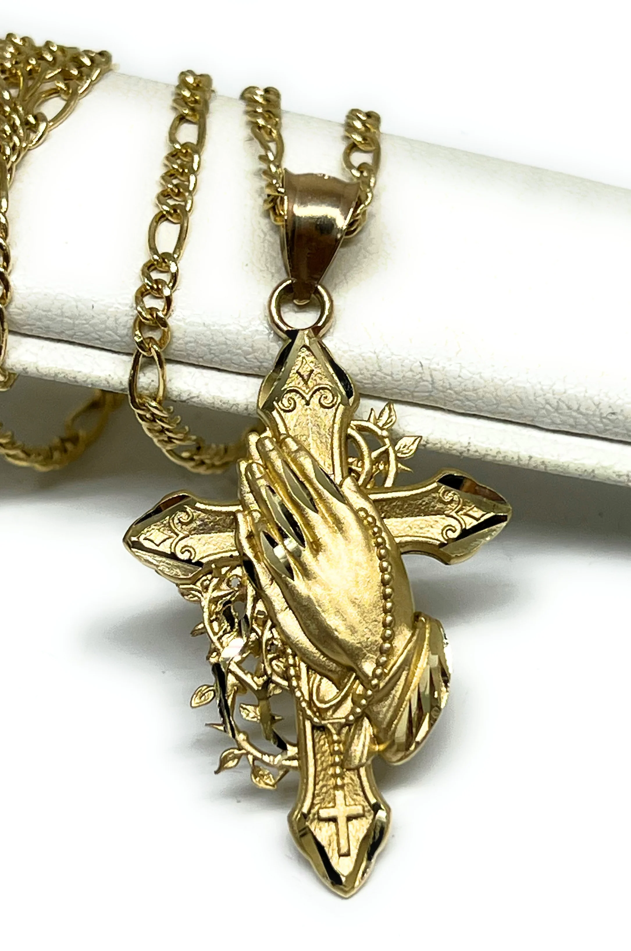 14k Solid Gold Praying Hands Cross Pendant Necklace (LG, MED, SM)