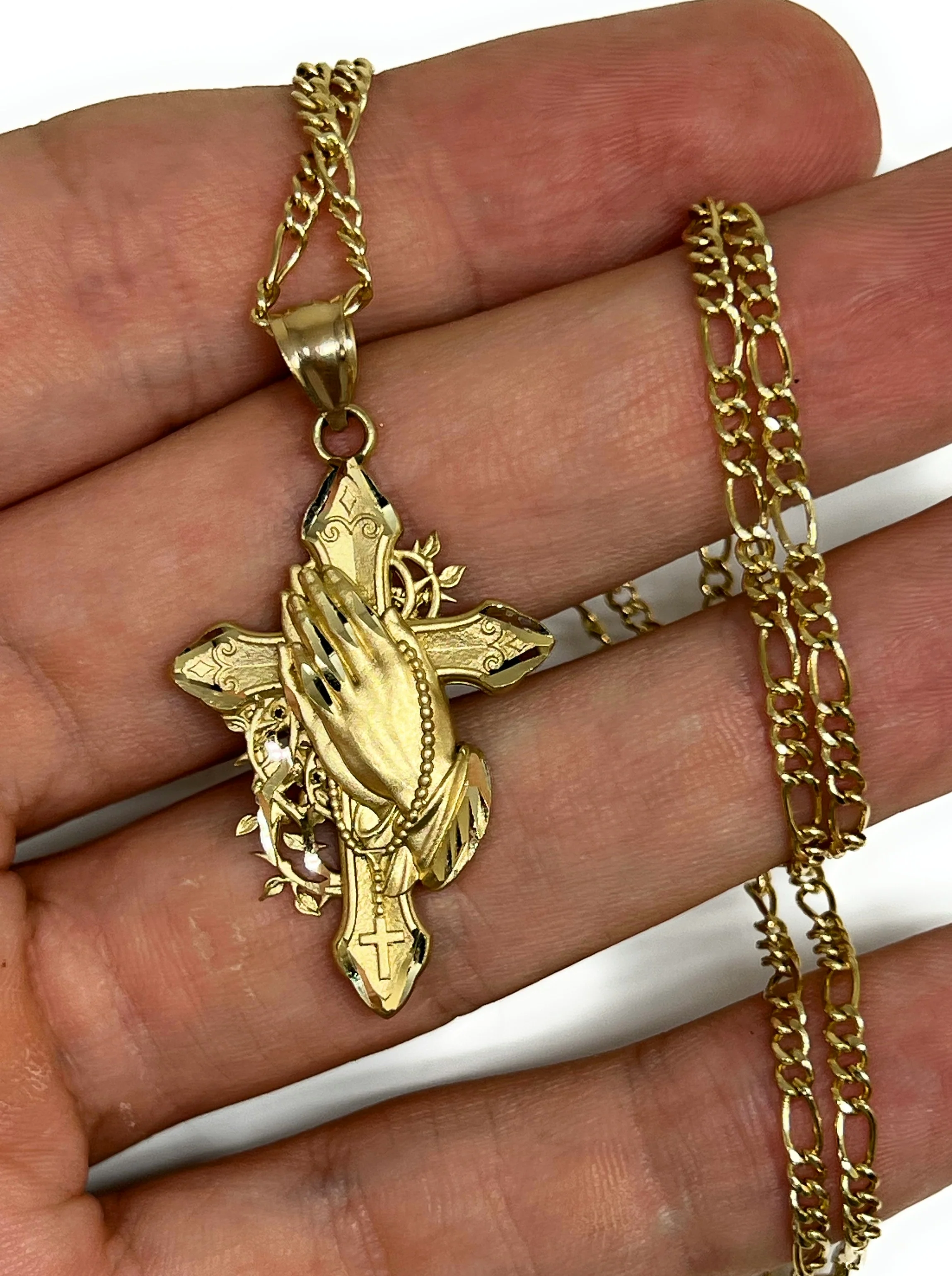 14k Solid Gold Praying Hands Cross Pendant Necklace (LG, MED, SM) - Image 2