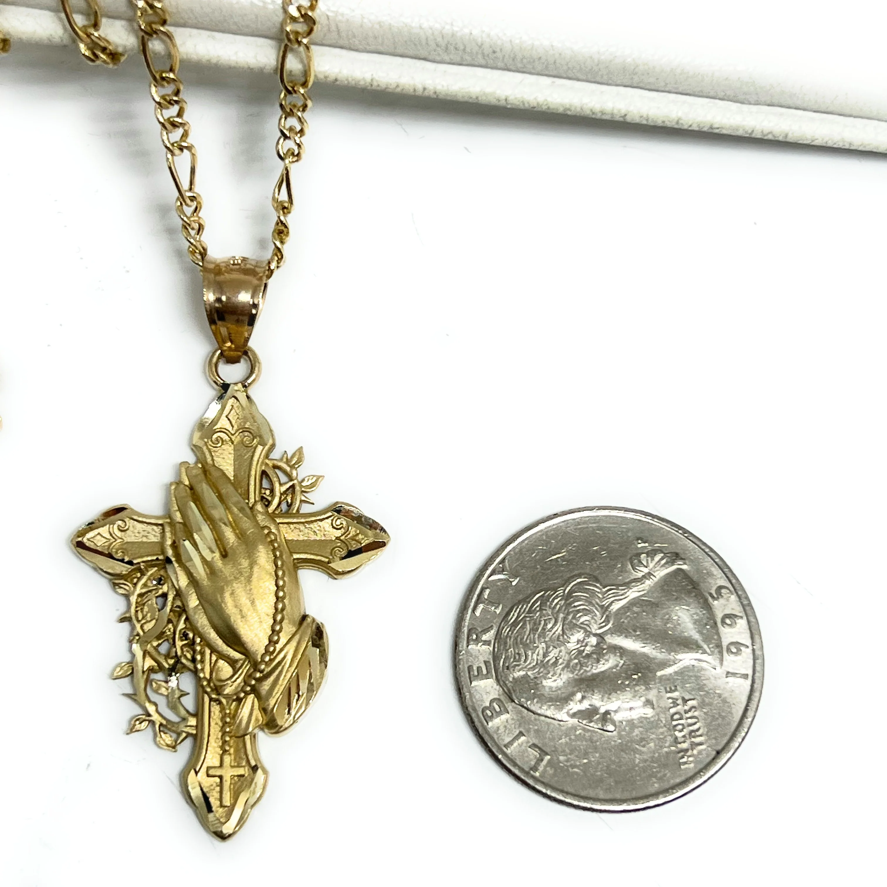 14k Solid Gold Praying Hands Cross Pendant Necklace (LG, MED, SM) - Image 3