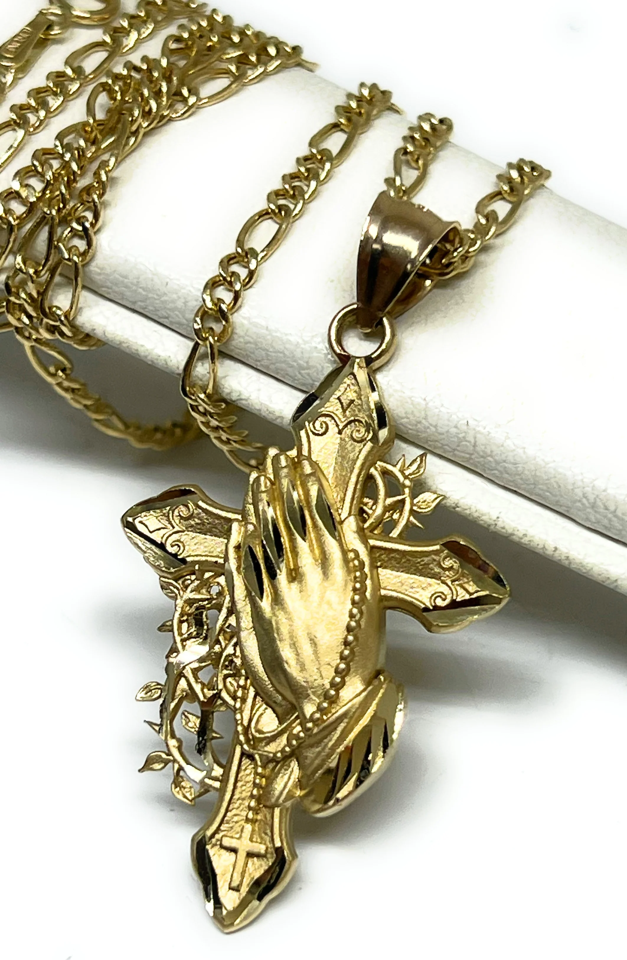 14k Solid Gold Praying Hands Cross Pendant Necklace (LG, MED, SM) - Image 4