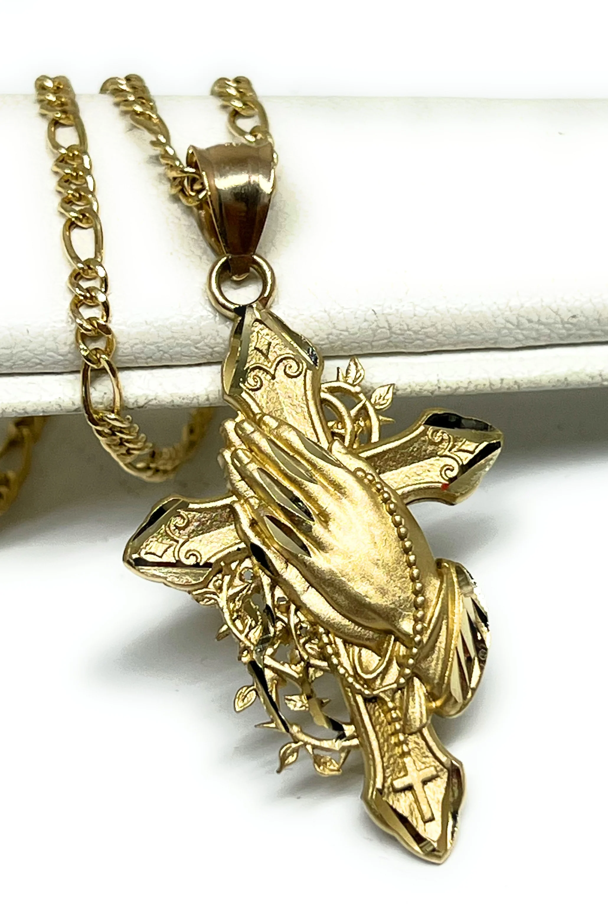 14k Solid Gold Praying Hands Cross Pendant Necklace (LG, MED, SM) - Image 5