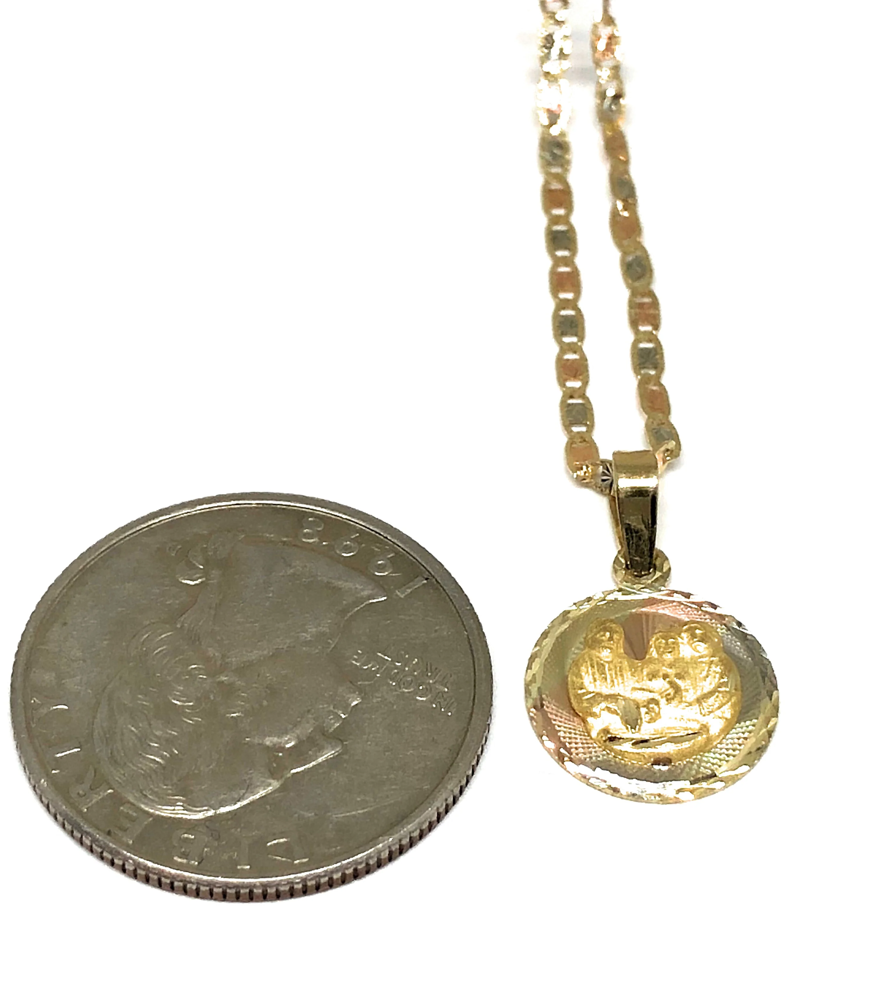 10k Solid Gold Tri-Color Baptism Bautizo Pendant Necklace For Kids Valentina Chain (MADE IN MX) - Image 2