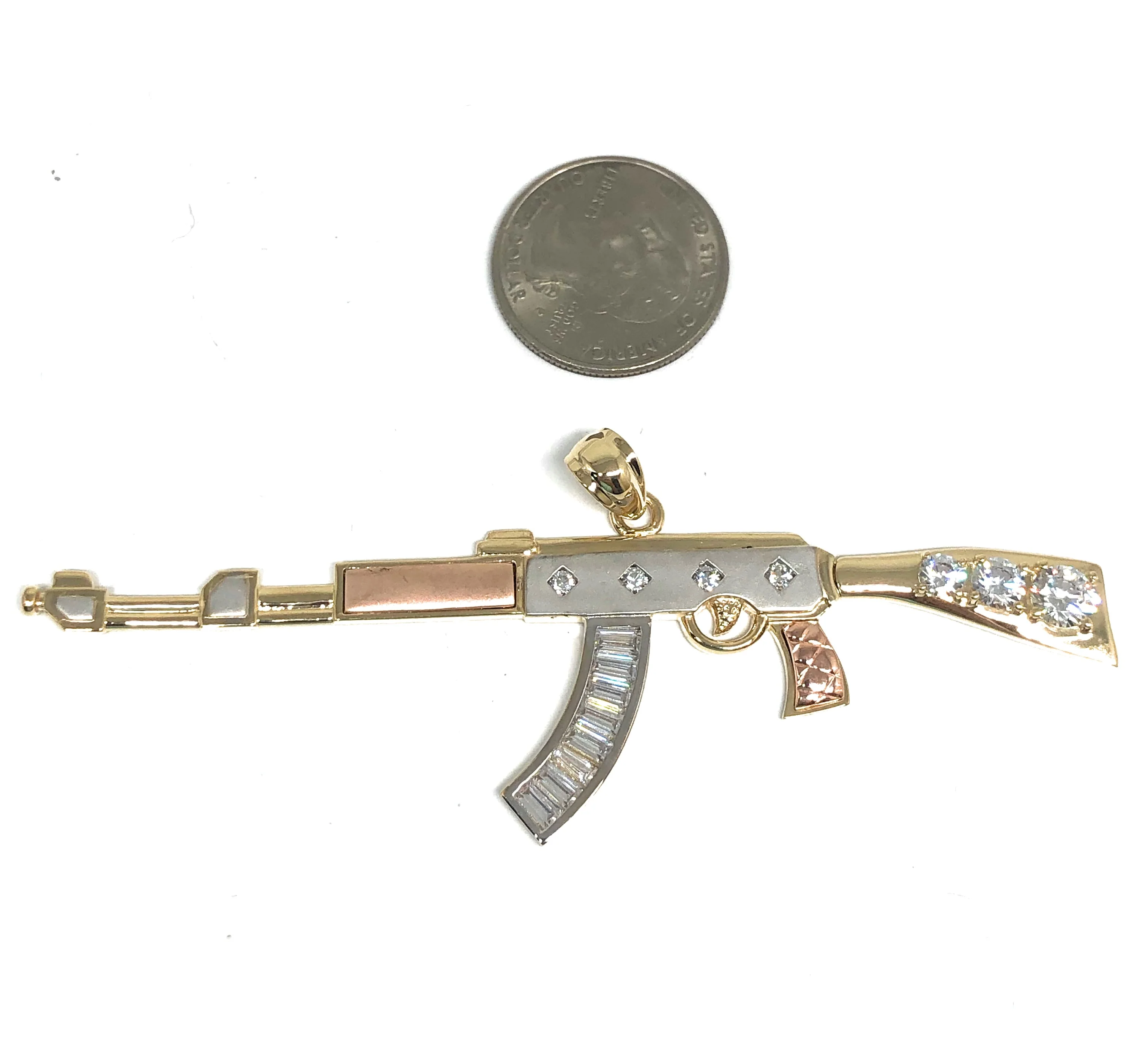 10k Solid Gold Tri-Color BIG XL CZ Machine Gun AK-47 Pendant (12.3g) (FC) - Image 2