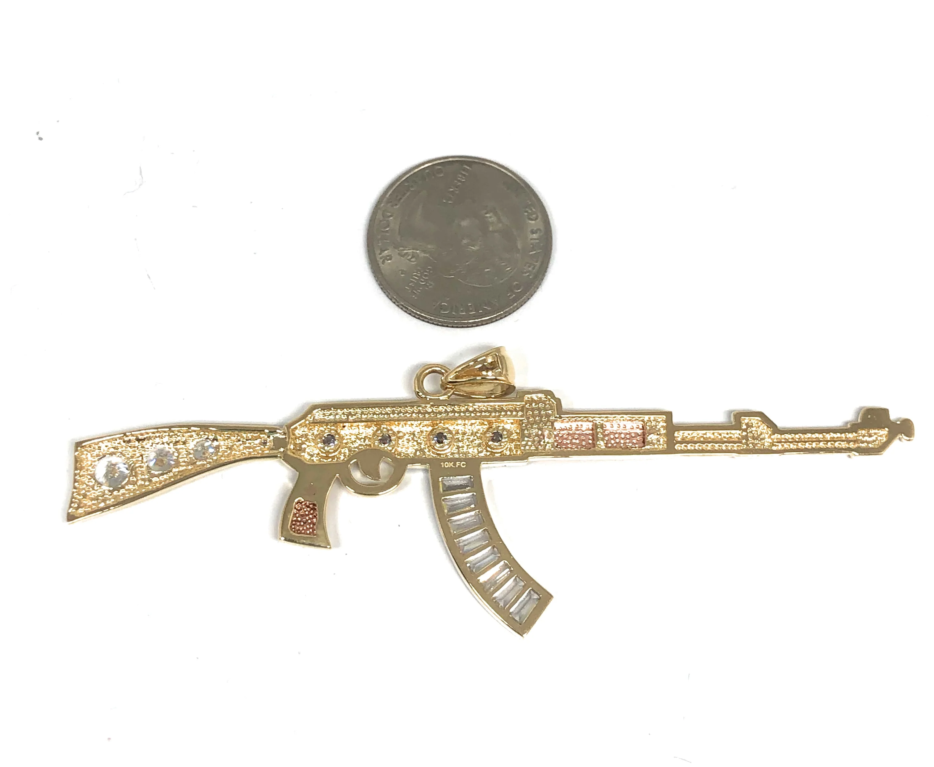 10k Solid Gold Tri-Color BIG XL CZ Machine Gun AK-47 Pendant (12.3g) (FC) - Image 3