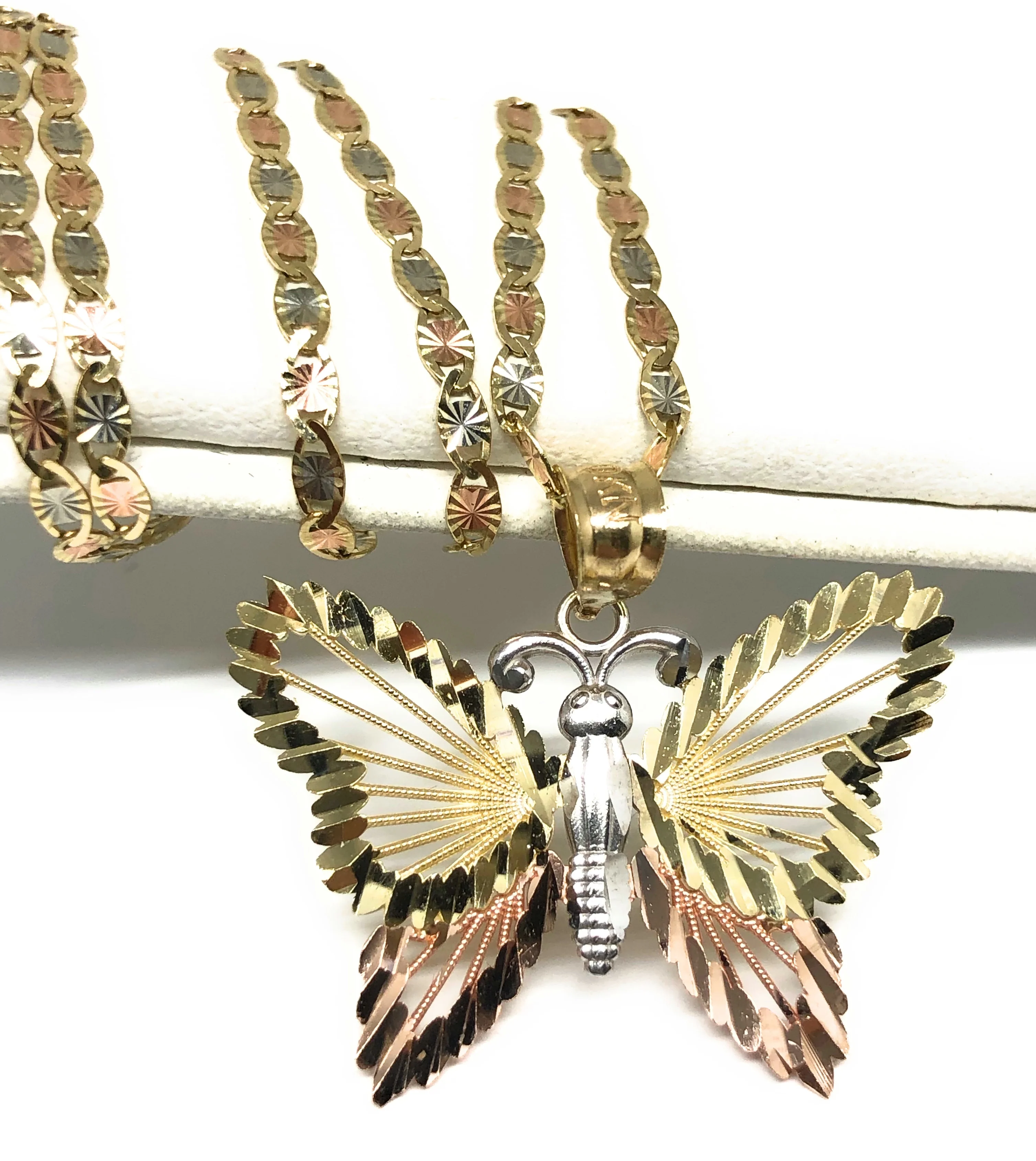 10k Solid Gold Tri-Color Butterfly Pendant Necklace Valentina Chain