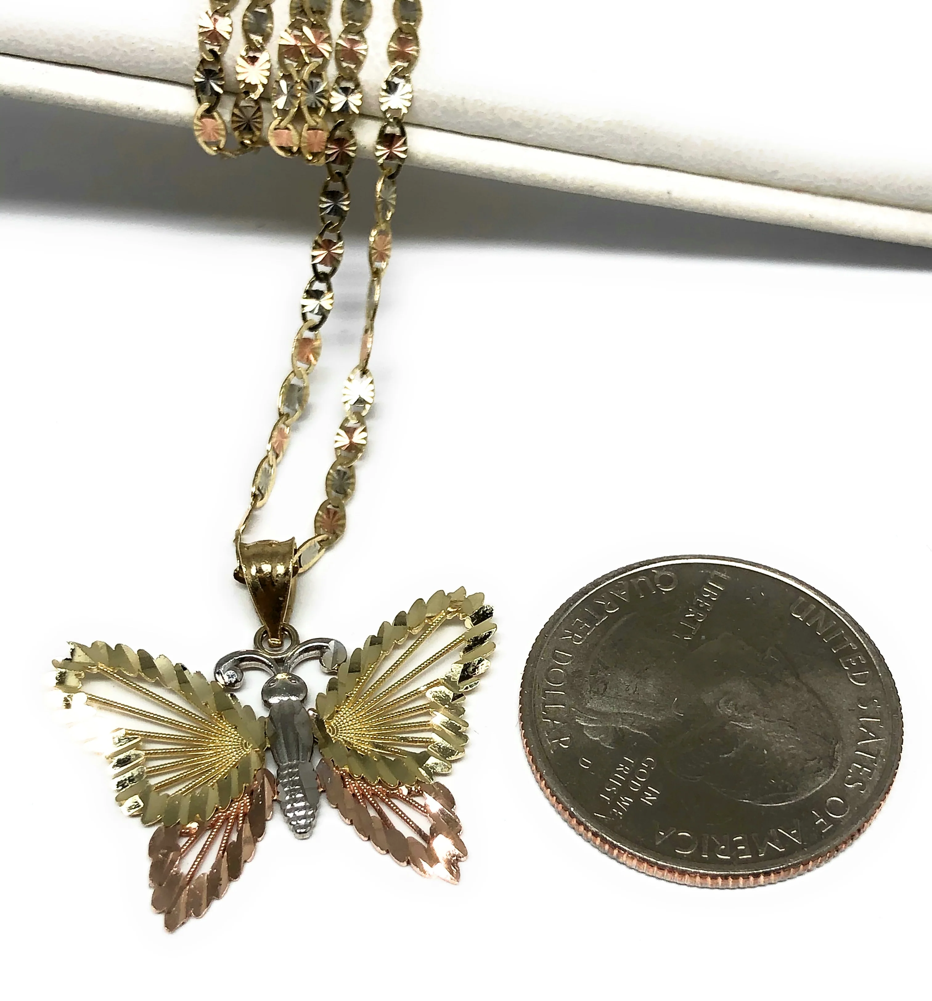 10k Solid Gold Tri-Color Butterfly Pendant Necklace Valentina Chain - Image 2