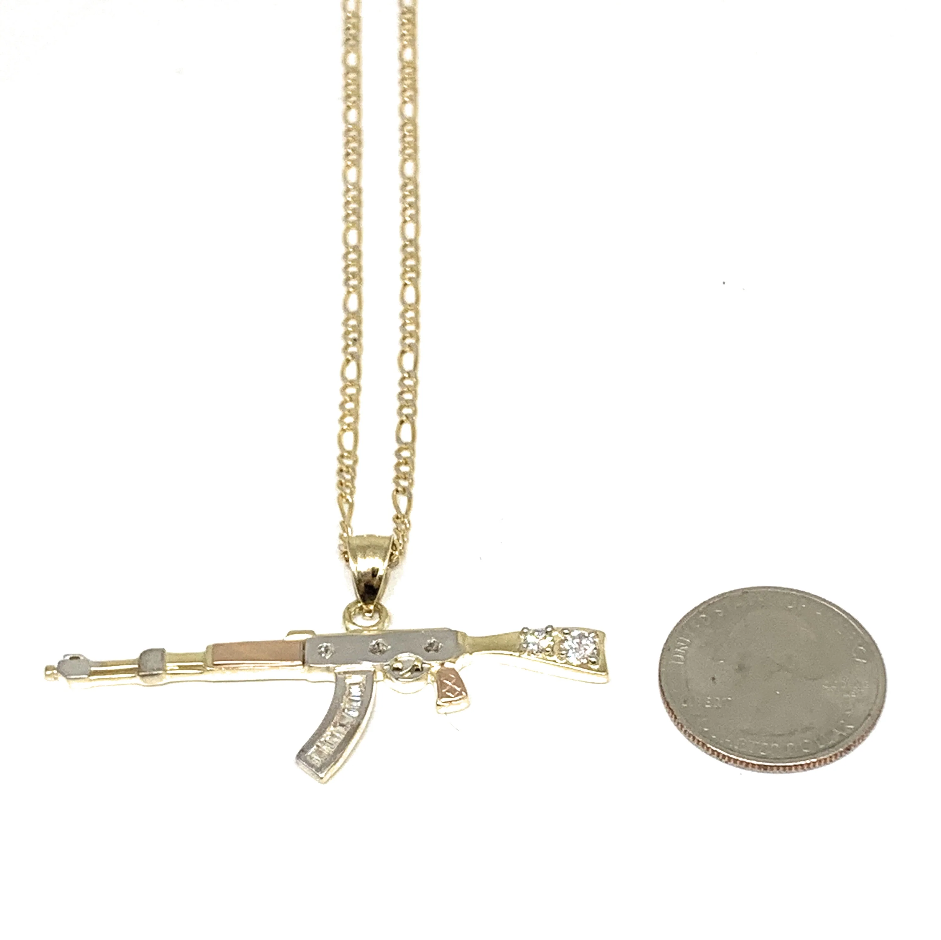 10k Solid Gold Tri-Color CZ Machine Gun AK-47 Pendant Necklace - Image 2