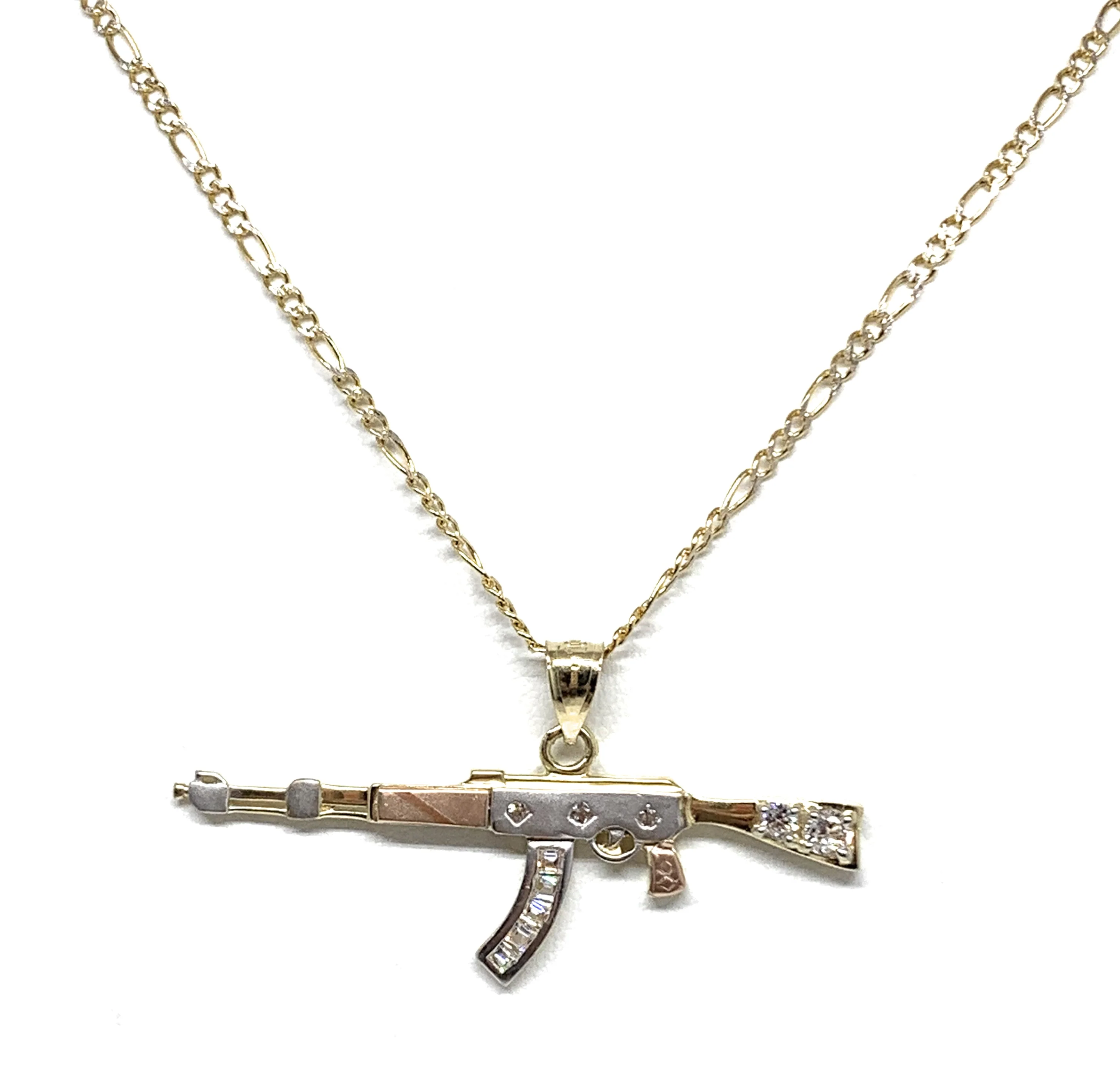 10k Solid Gold Tri-Color CZ Machine Gun AK-47 Pendant Necklace - Image 3